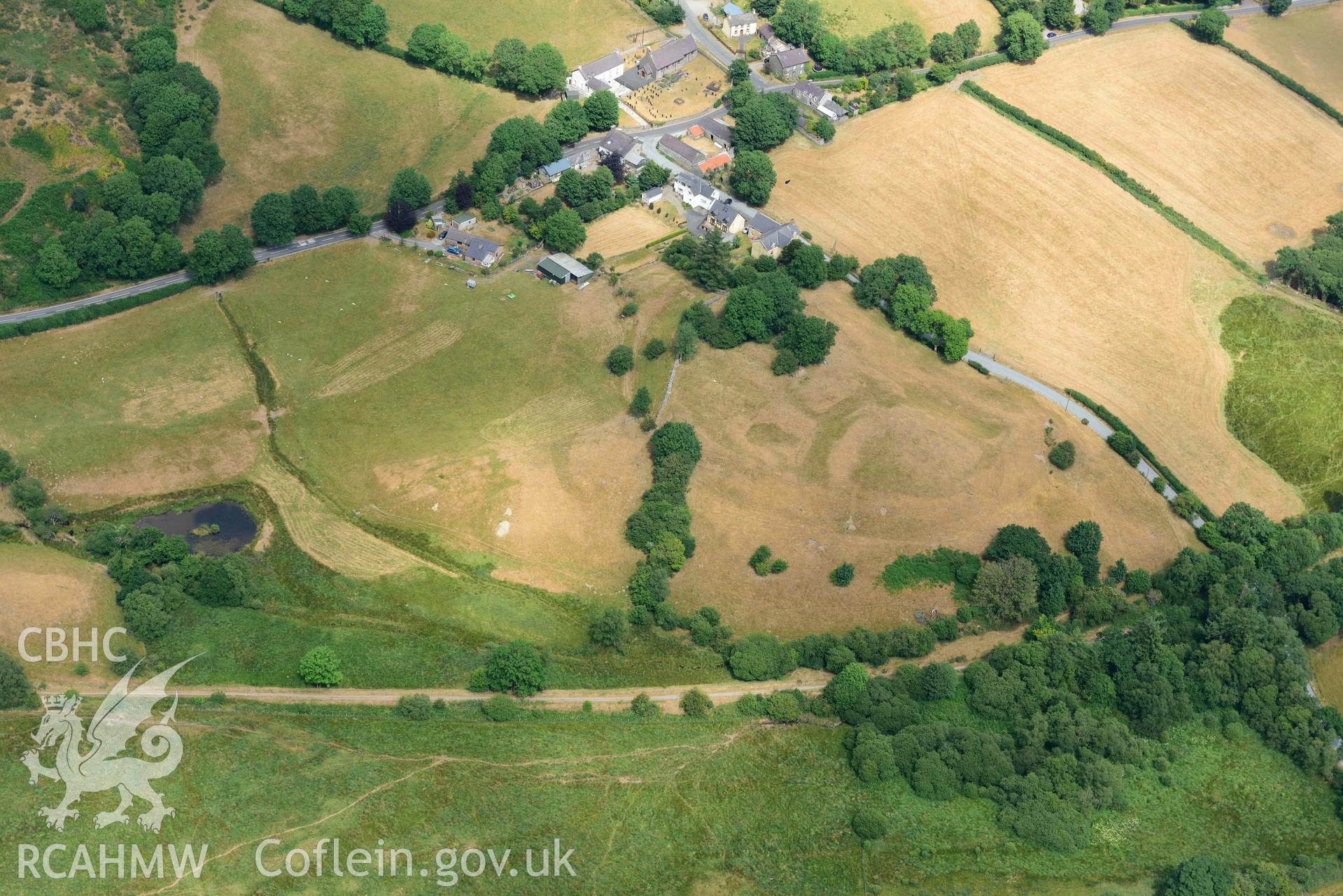 Aerial photograph: Ystrad Meurig Castle, with parchmark detail. Crown: CHERISH PROJECT 2018. Produced with EU funds through the Ireland Wales Co-operation Programme 2014-2020 (NGR SN702675)