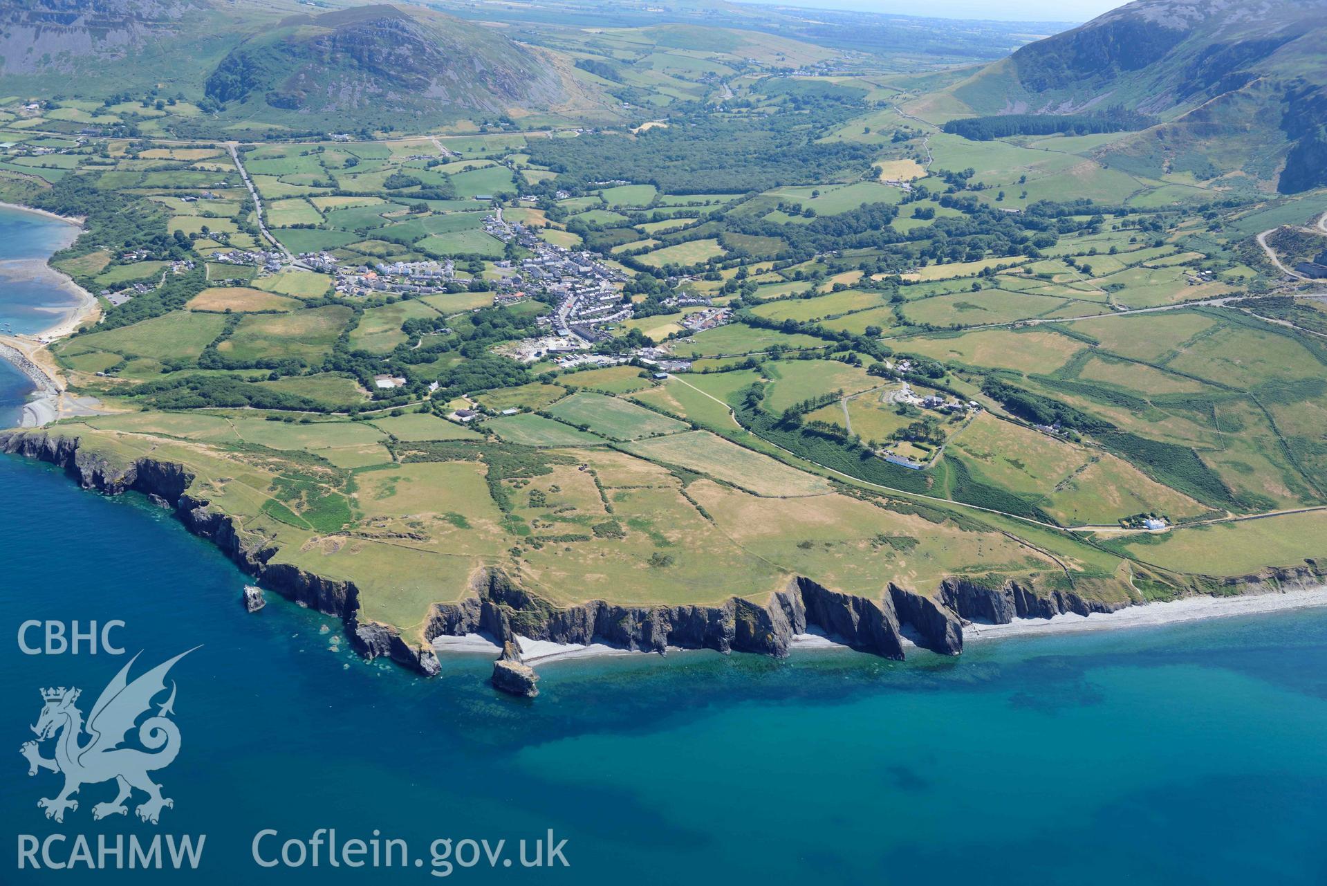 Aerial photograph: Trefor village, view from west. Crown: CHERISH PROJECT 2018. Produced with EU funds through the Ireland Wales Co-operation Programme 2014-2020 (NGR SH373466)