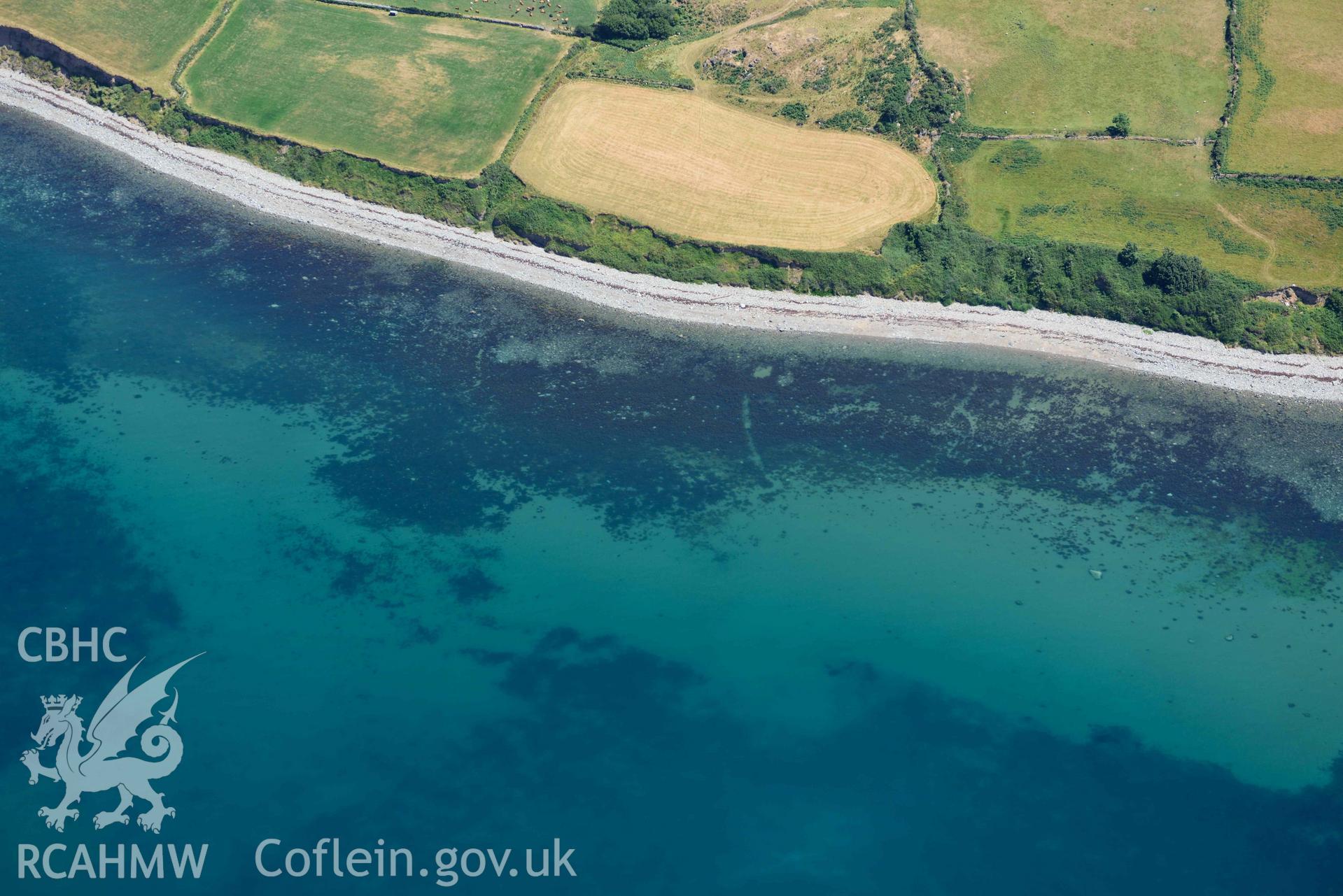 Aerial photograph: Coast edge near the wreck of the Heron. Crown: CHERISH PROJECT 2018. Produced with EU funds through the Ireland Wales Co-operation Programme 2014-2020 (NGR SH400492)