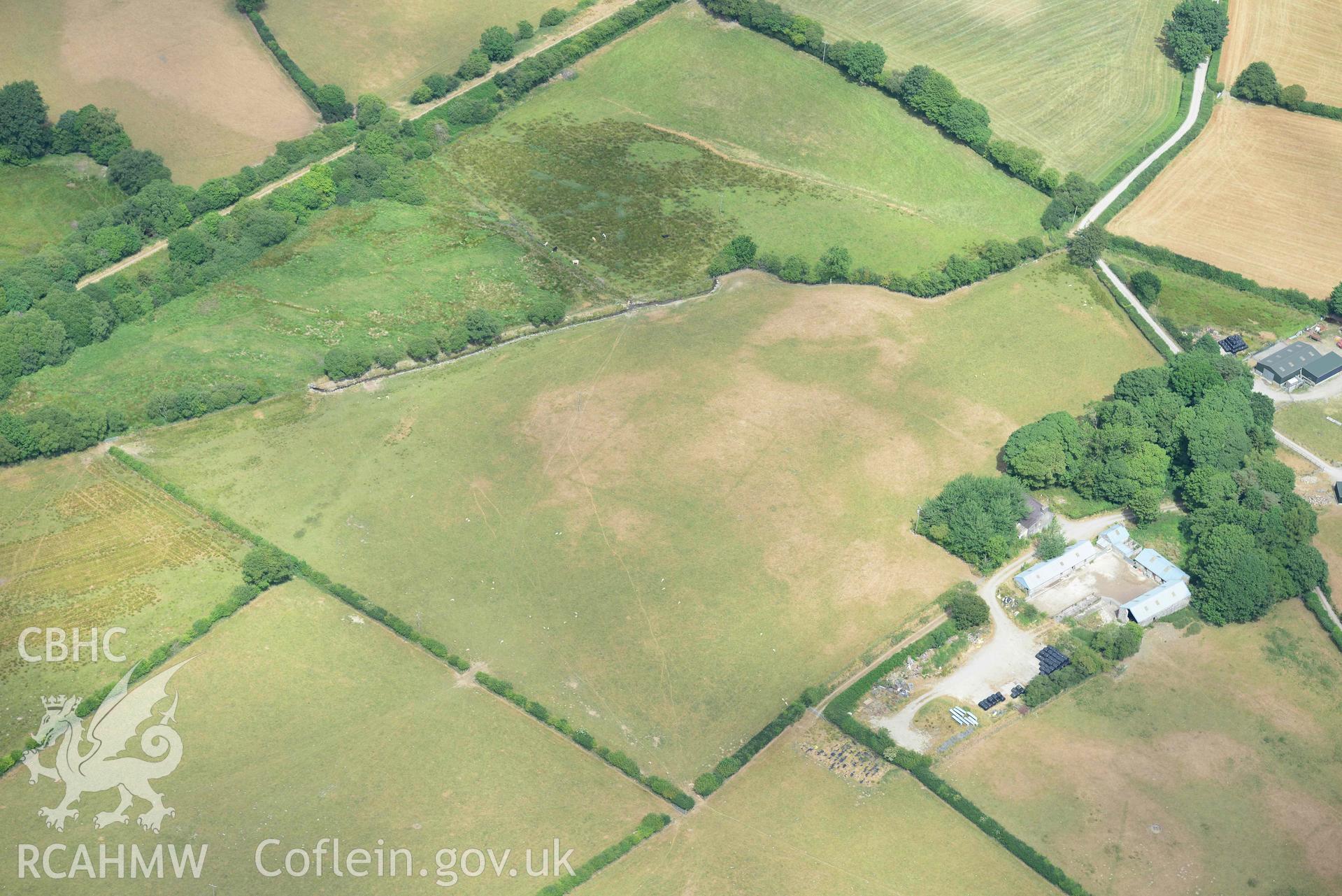 Aerial photograph: Maesbanadlog rectangular enclosure, cropmark. Crown: CHERISH PROJECT 2018. Produced with EU funds through the Ireland Wales Co-operation Programme 2014-2020 (NGR SN705671)