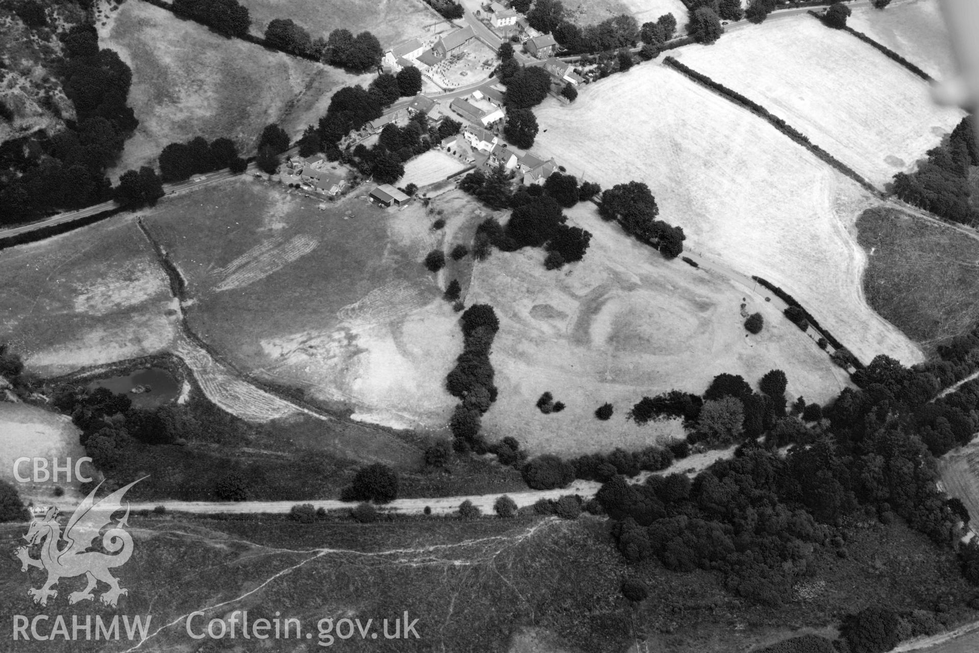 Aerial photograph: Ystrad Meurig Castle, with parchmark detail. Crown: CHERISH PROJECT 2018. Produced with EU funds through the Ireland Wales Co-operation Programme 2014-2020 (NGR SN702675)