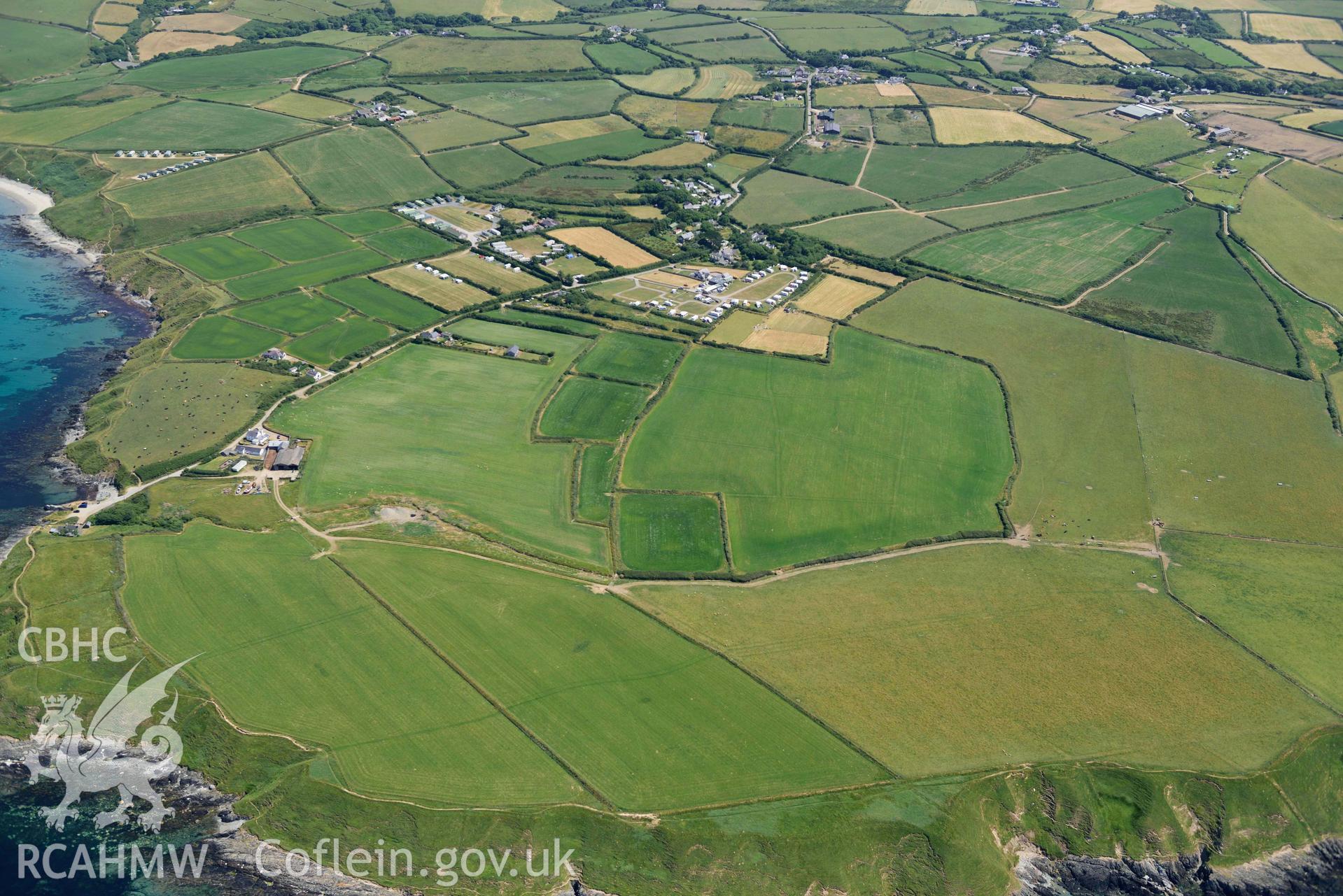 Aerial photograph: Mynydd Mawr headland and Signal Station, view from the north-west. Crown: CHERISH PROJECT 2018. Produced with EU funds through the Ireland Wales Co-operation Programme 2014-2020 (NGR SH139258)