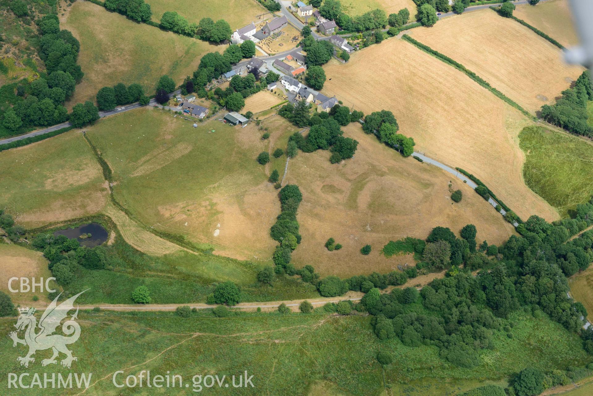 Aerial photograph: Ystrad Meurig Castle, with parchmark detail. Crown: CHERISH PROJECT 2018. Produced with EU funds through the Ireland Wales Co-operation Programme 2014-2020 (NGR SN702675)