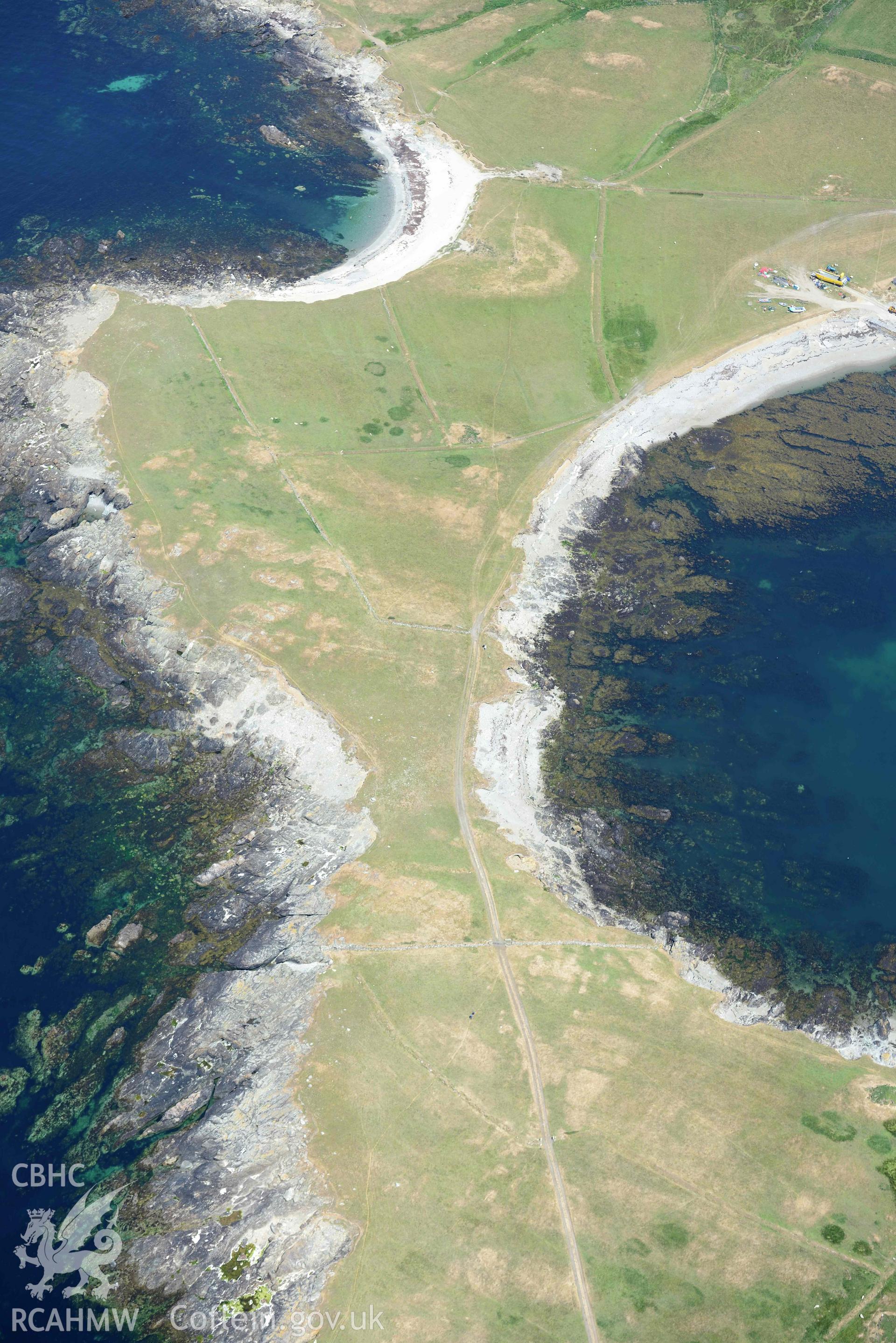 Aerial photograph: Ynys Enlli or Bardsey Island Lighthouse. Crown: CHERISH PROJECT 2018. Produced with EU funds through the Ireland Wales Co-operation Programme 2014-2020 (NGR SH111206)