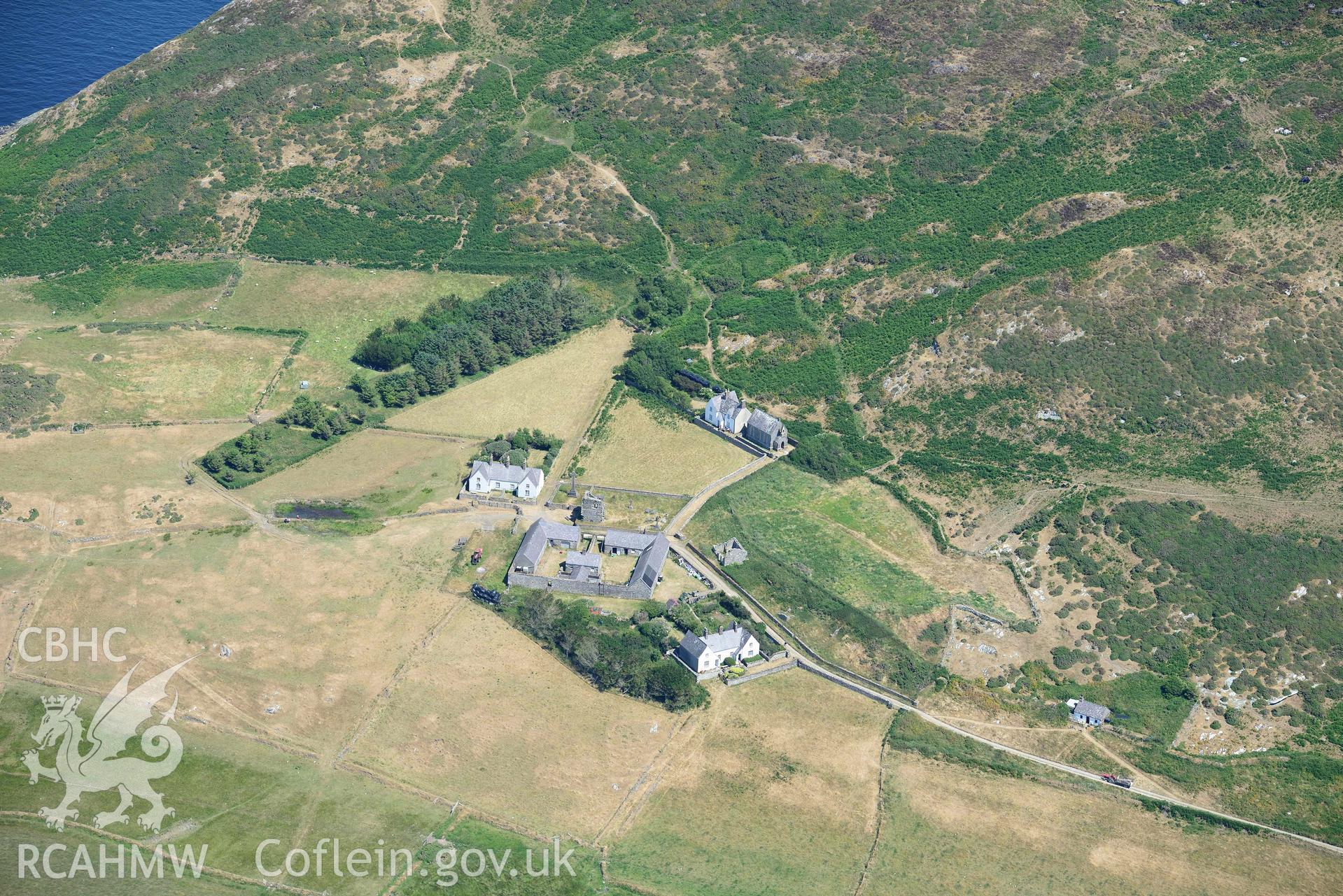 Aerial photograph: St Mary's Abbey, Bardsey Island, view from the south-west. Crown: CHERISH PROJECT 2018. Produced with EU funds through the Ireland Wales Co-operation Programme 2014-2020 (NGR SH120221)