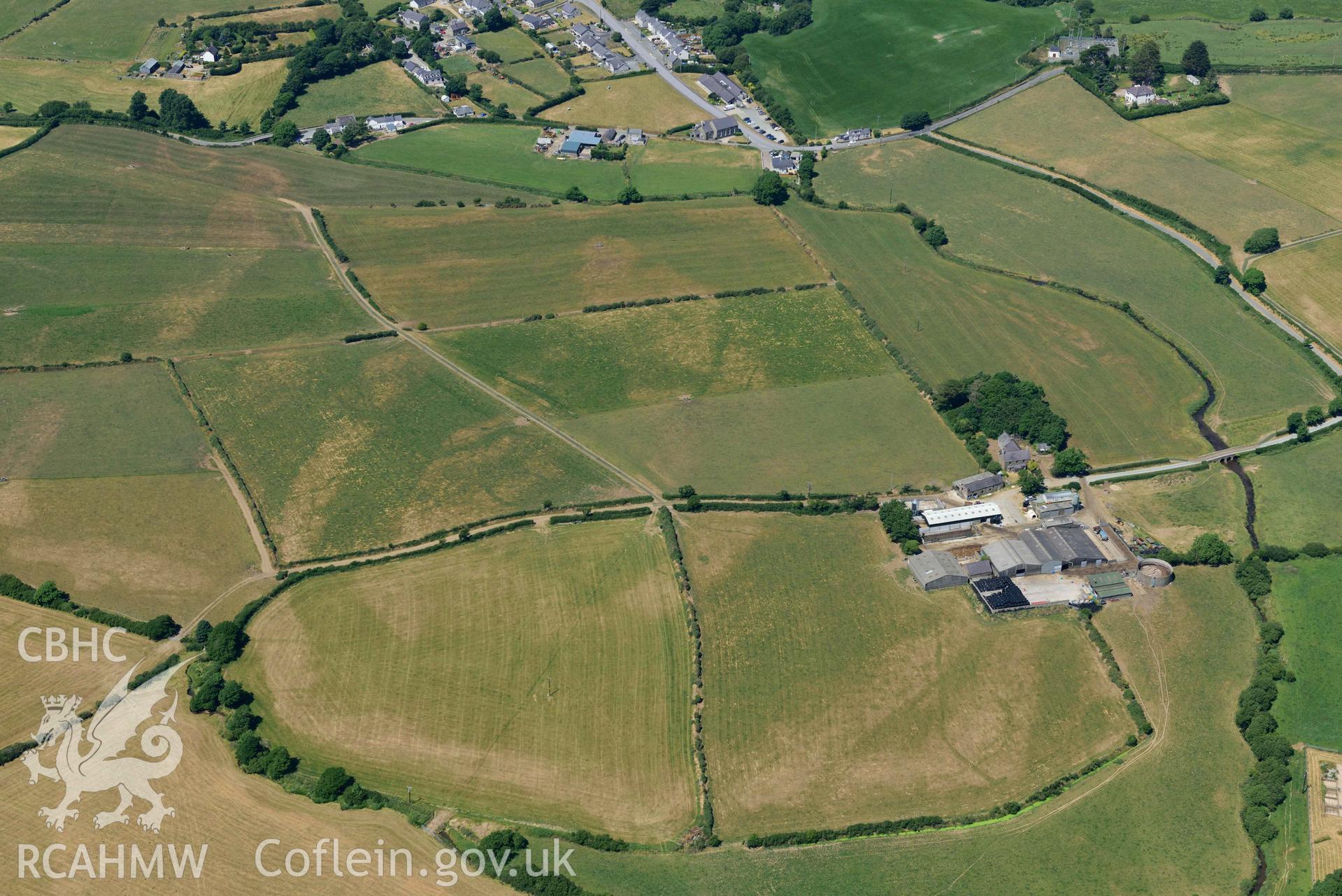 Aerial photograph: Bryn Llewelyn farm, parchmarks of former field systems. Crown: CHERISH PROJECT 2018. Produced with EU funds through the Ireland Wales Co-operation Programme 2014-2020 (NGR SH278302)