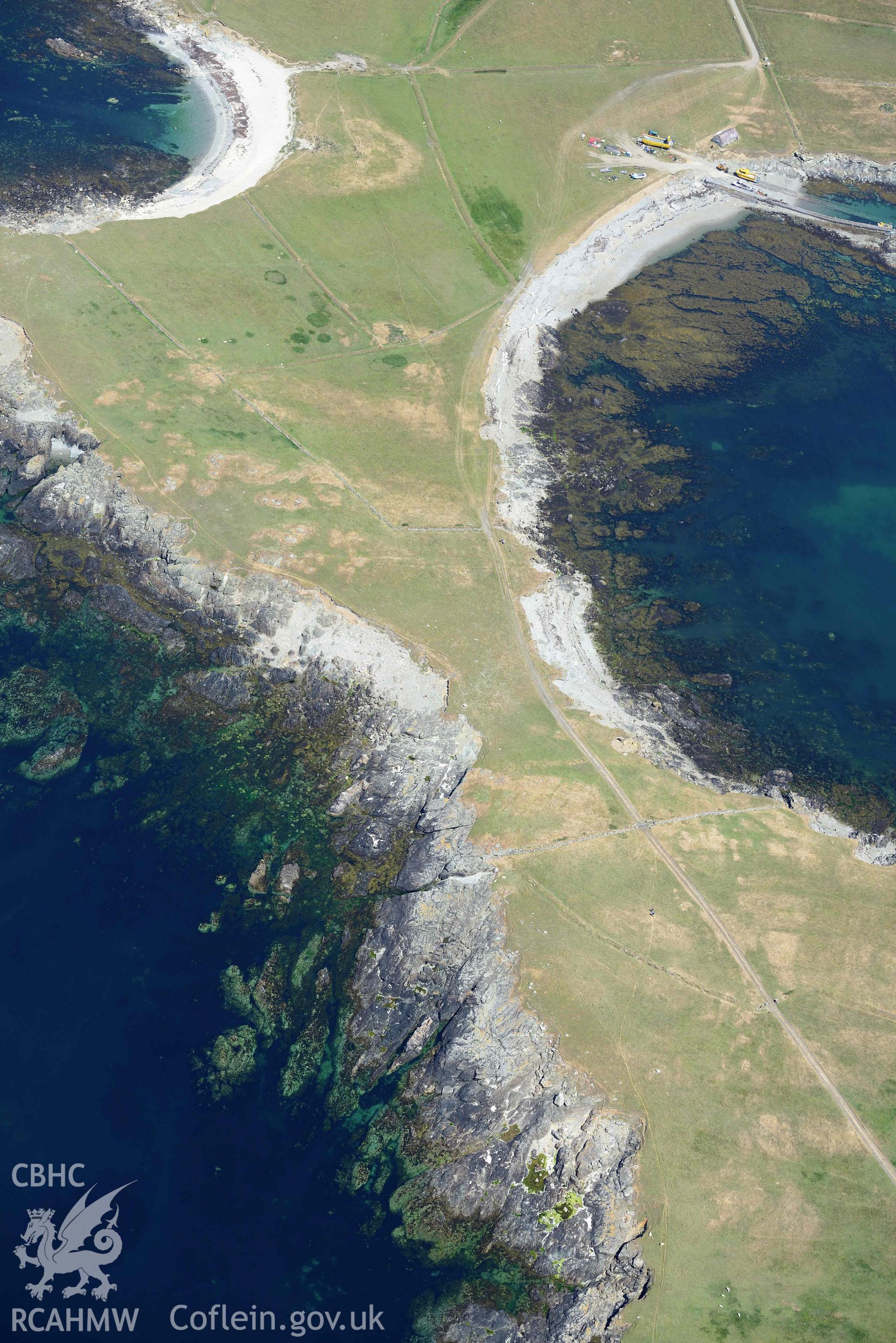 Aerial photograph: Ynys Enlli or Bardsey Island Lighthouse. Crown: CHERISH PROJECT 2018. Produced with EU funds through the Ireland Wales Co-operation Programme 2014-2020 (NGR SH111206)