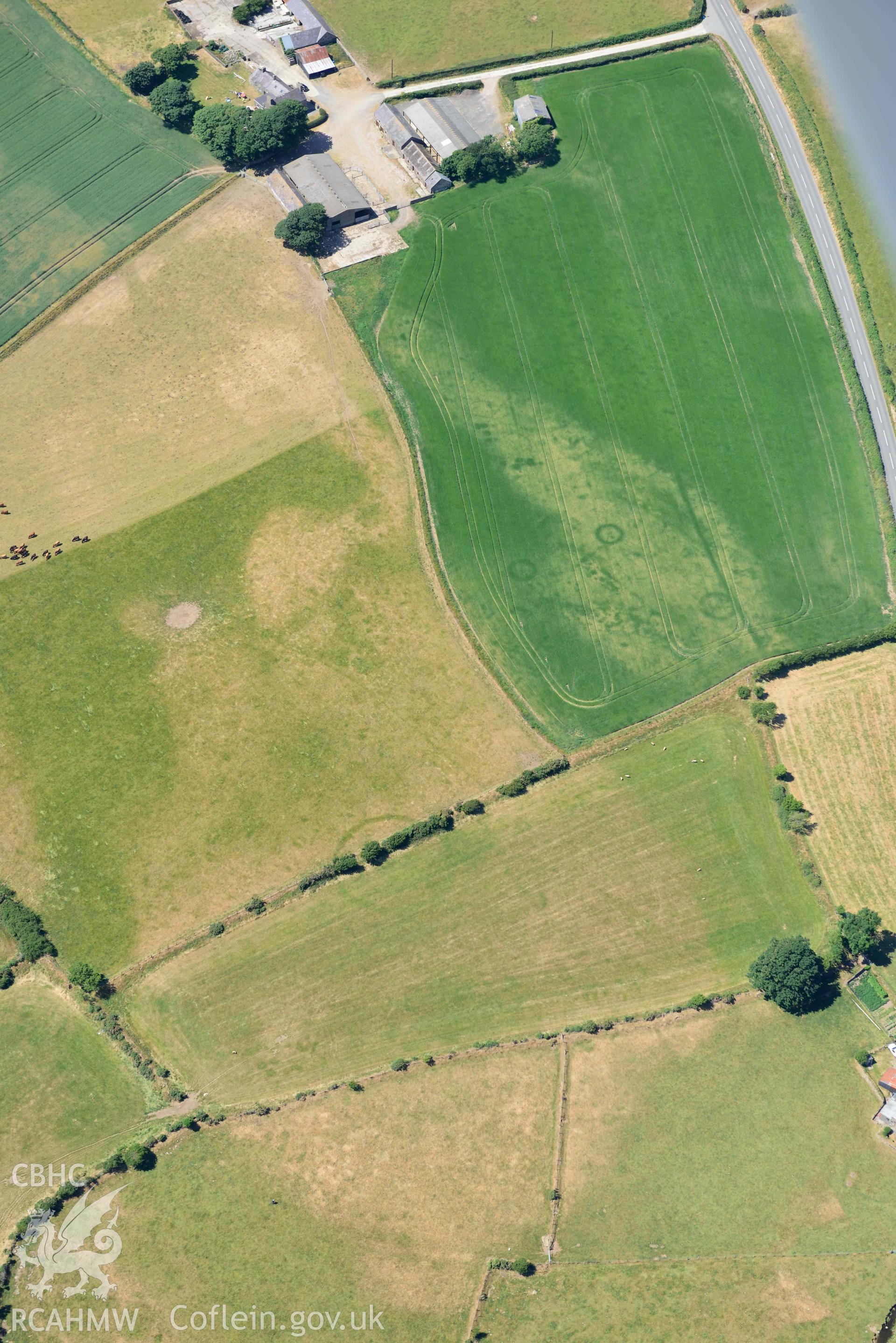 Aerial photograph: Bod-Nithoedd cropmark barrows, with larger ring ditch cropmark at SH 256 311. Crown: CHERISH PROJECT 2018. Produced with EU funds through the Ireland Wales Co-operation Programme 2014-2020 (NGR SH255312)