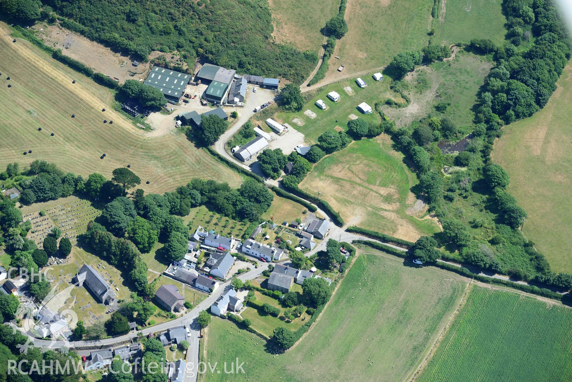 Aerial photograph: Llawr-Dref cropmark complex and barrows. Crown: CHERISH PROJECT 2018. Produced with EU funds through the Ireland Wales Co-operation Programme 2014-2020 (NGR SH291285)