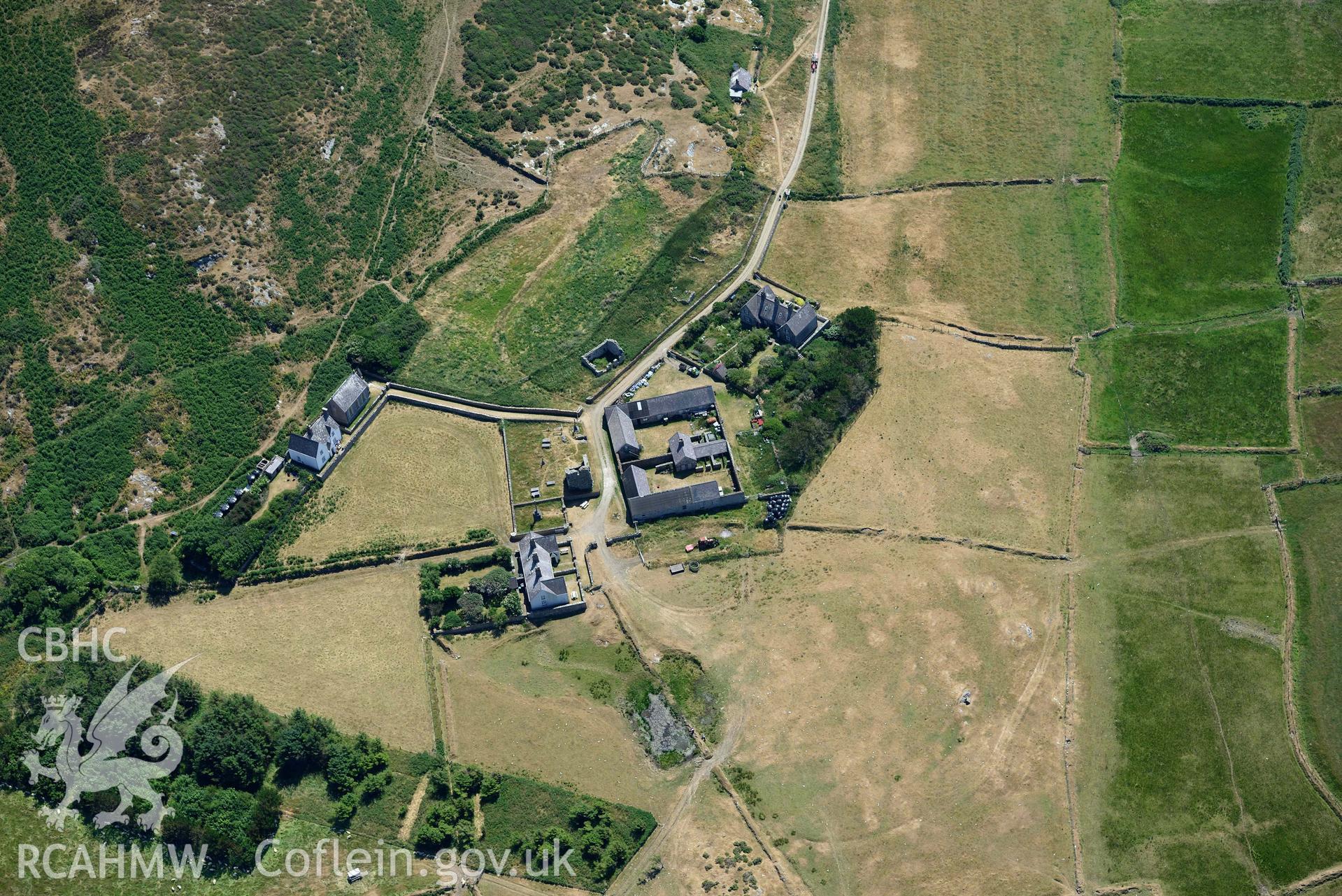 Aerial photograph: St Mary's Abbey, Bardsey Island. Field to the north with non-archaeological parchmarks. Crown: CHERISH PROJECT 2018. Produced with EU funds through the Ireland Wales Co-operation Programme 2014-2020 (NGR SH120223)