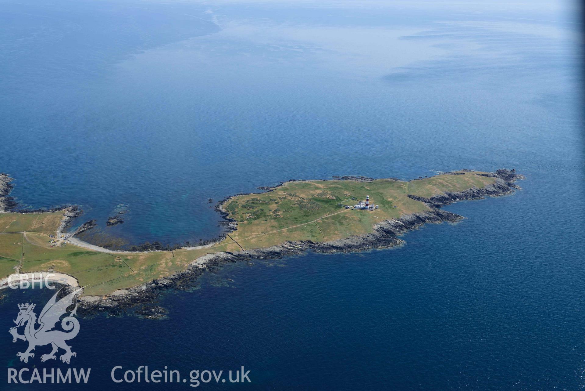 Aerial photograph: Ynys Enlli or Bardsey Island Lighthouse. Crown: CHERISH PROJECT 2018. Produced with EU funds through the Ireland Wales Co-operation Programme 2014-2020 (NGR SH111206)