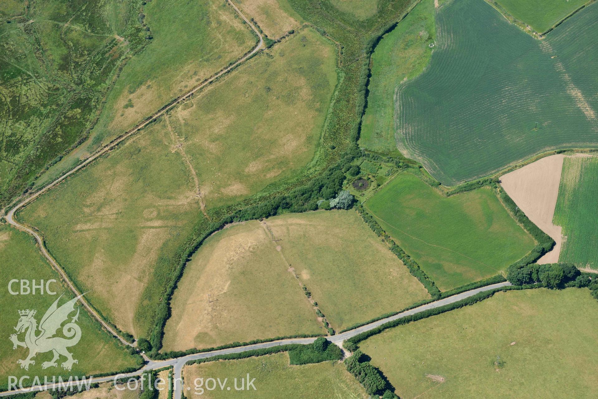 Aerial photograph: Llangian: Chapel, village and sundry cropmarks. Crown: CHERISH PROJECT 2018. Produced with EU funds through the Ireland Wales Co-operation Programme 2014-2020 (NGR SH295288)