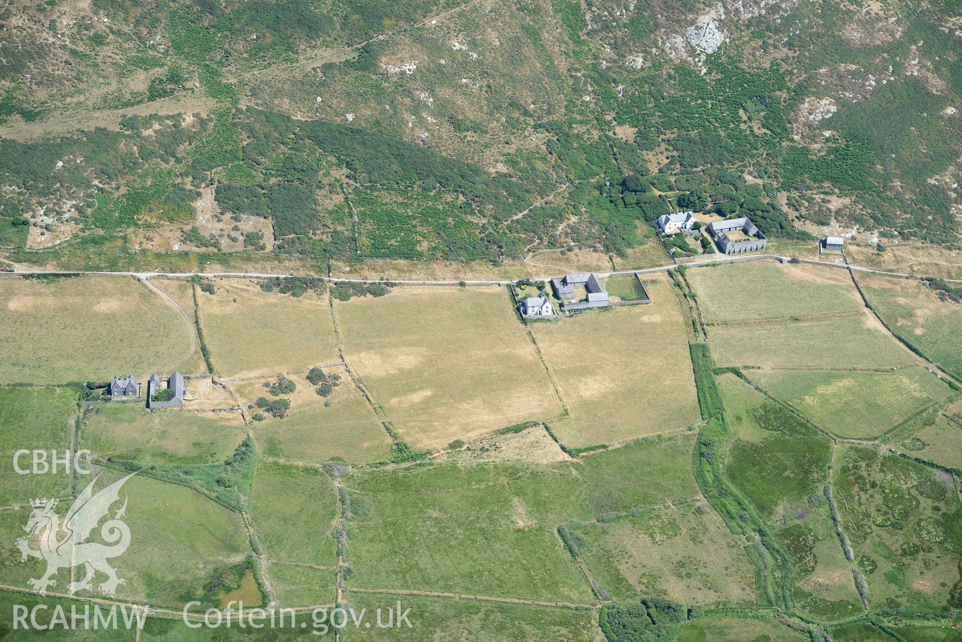 Aerial photograph: St Mary's Abbey, Bardsey Island, view from the south-west. Crown: CHERISH PROJECT 2018. Produced with EU funds through the Ireland Wales Co-operation Programme 2014-2020 (NGR SH120221)