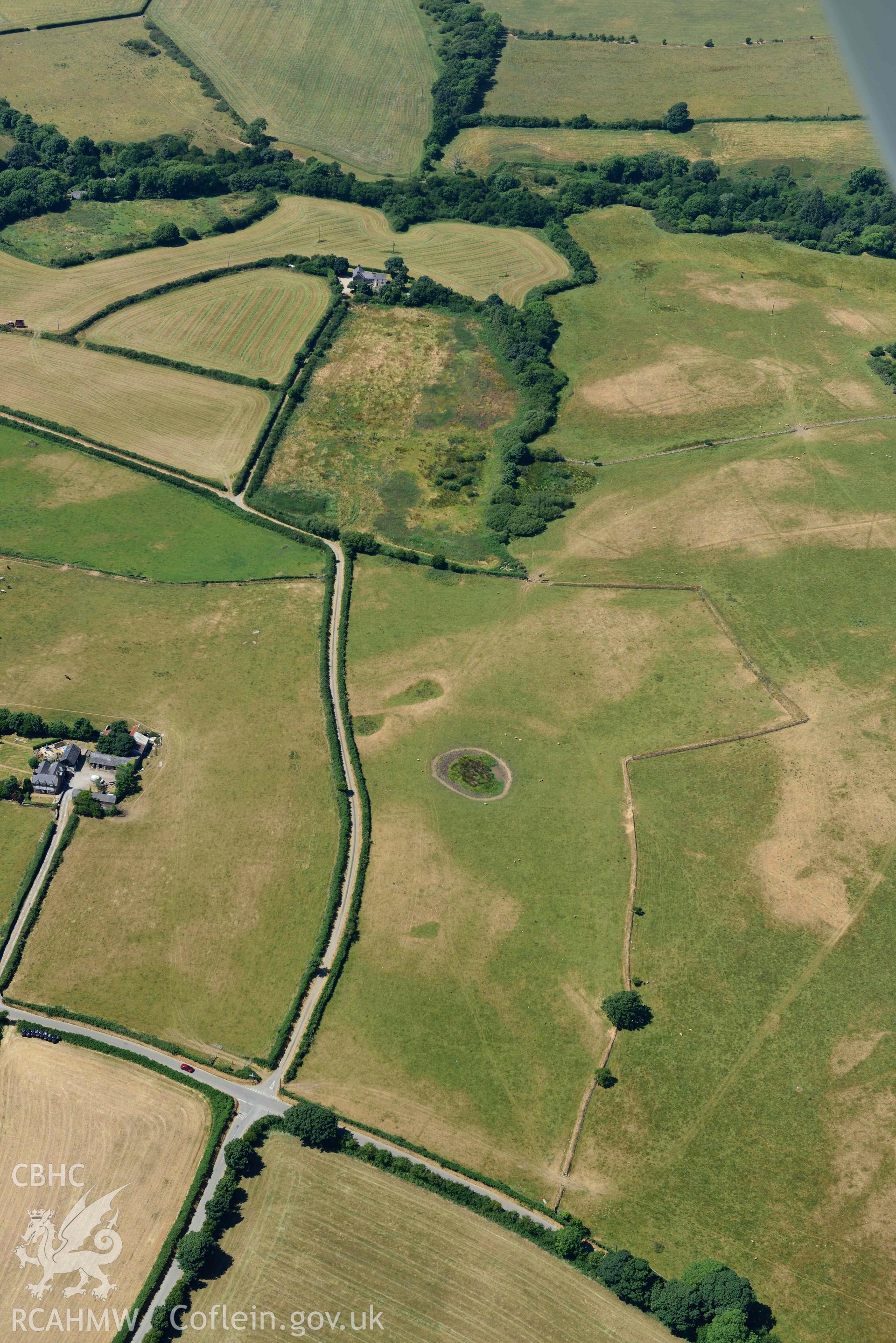 Aerial photograph: Cropmarks of relict boundaries north of Nant rhiwdar, south of Ceirchfryn. Crown: CHERISH PROJECT 2018. Produced with EU funds through the Ireland Wales Co-operation Programme 2014-2020 (NGR SH282304)