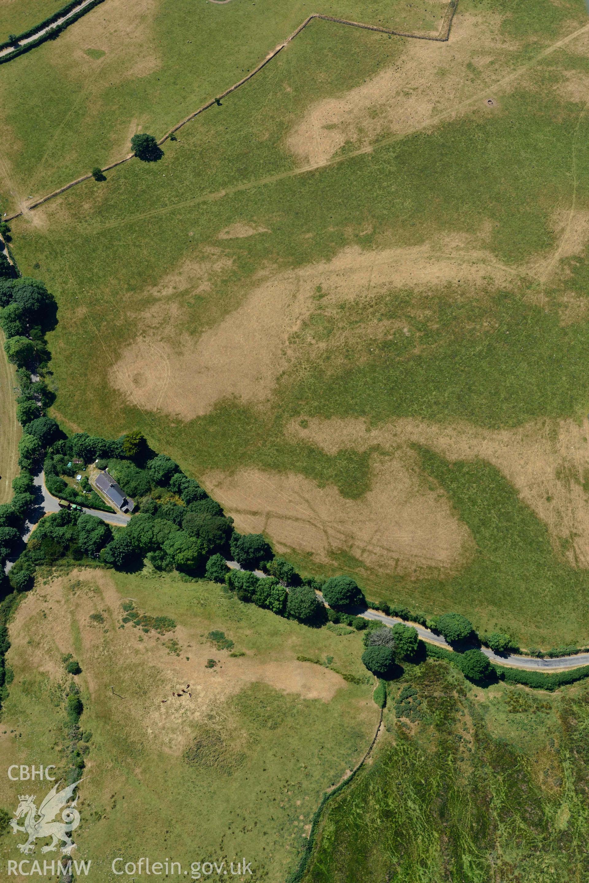 Aerial photograph: Cropmarks near Ceirchfryn. Crown: CHERISH PROJECT 2018. Produced with EU funds through the Ireland Wales Co-operation Programme 2014-2020 (NGR SH279305)