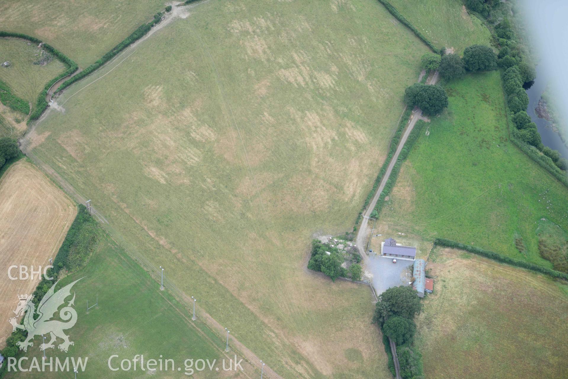 Aerial photograph: Beili-coch Cwmann, cropmark enclosure. Crown: CHERISH PROJECT 2018. Produced with EU funds through the Ireland Wales Co-operation Programme 2014-2020 (NGR SN575468)