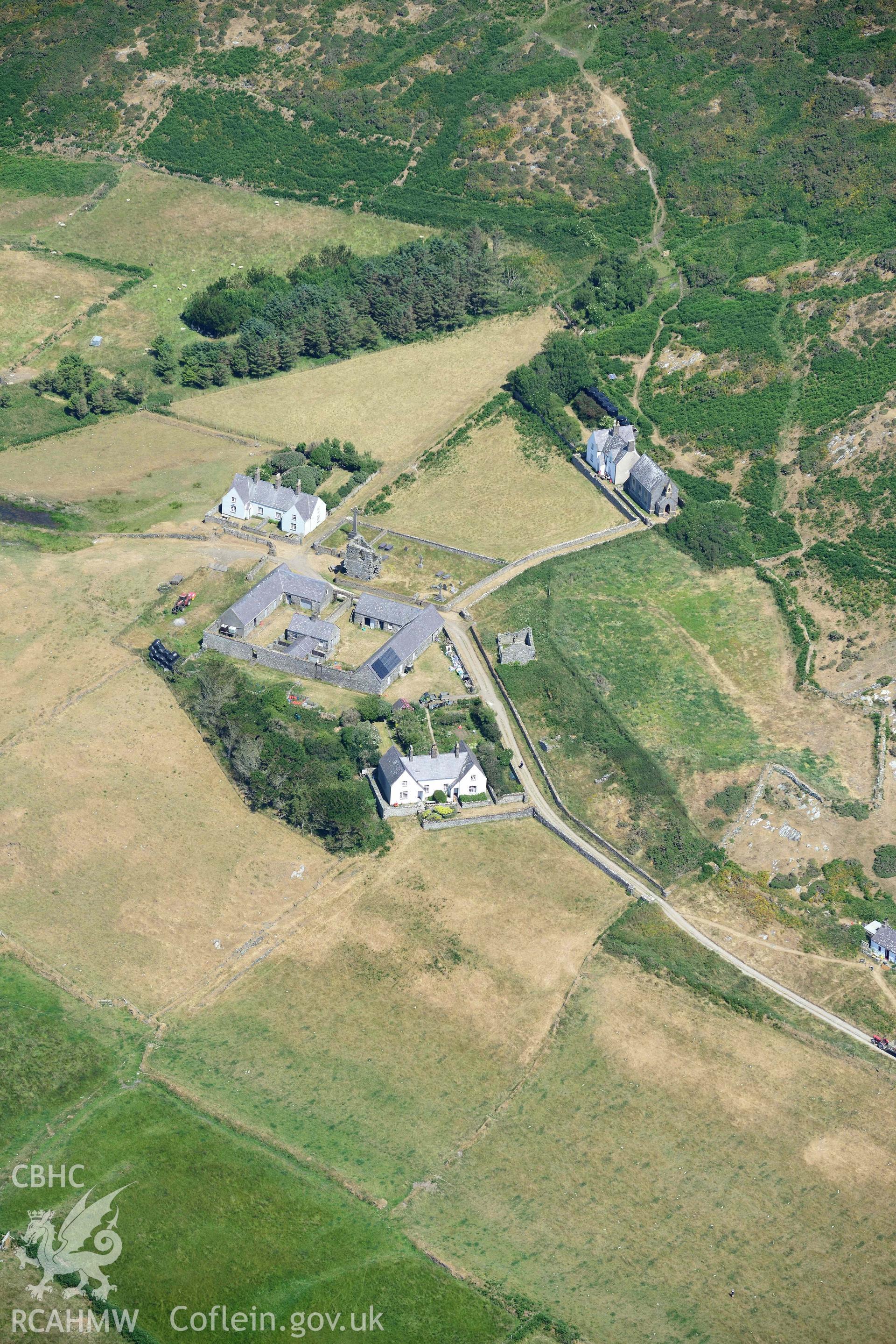 Aerial photograph: Aberdaron town, view from the east. Crown: CHERISH PROJECT 2018. Produced with EU funds through the Ireland Wales Co-operation Programme 2014-2020 (NGR SH172263)