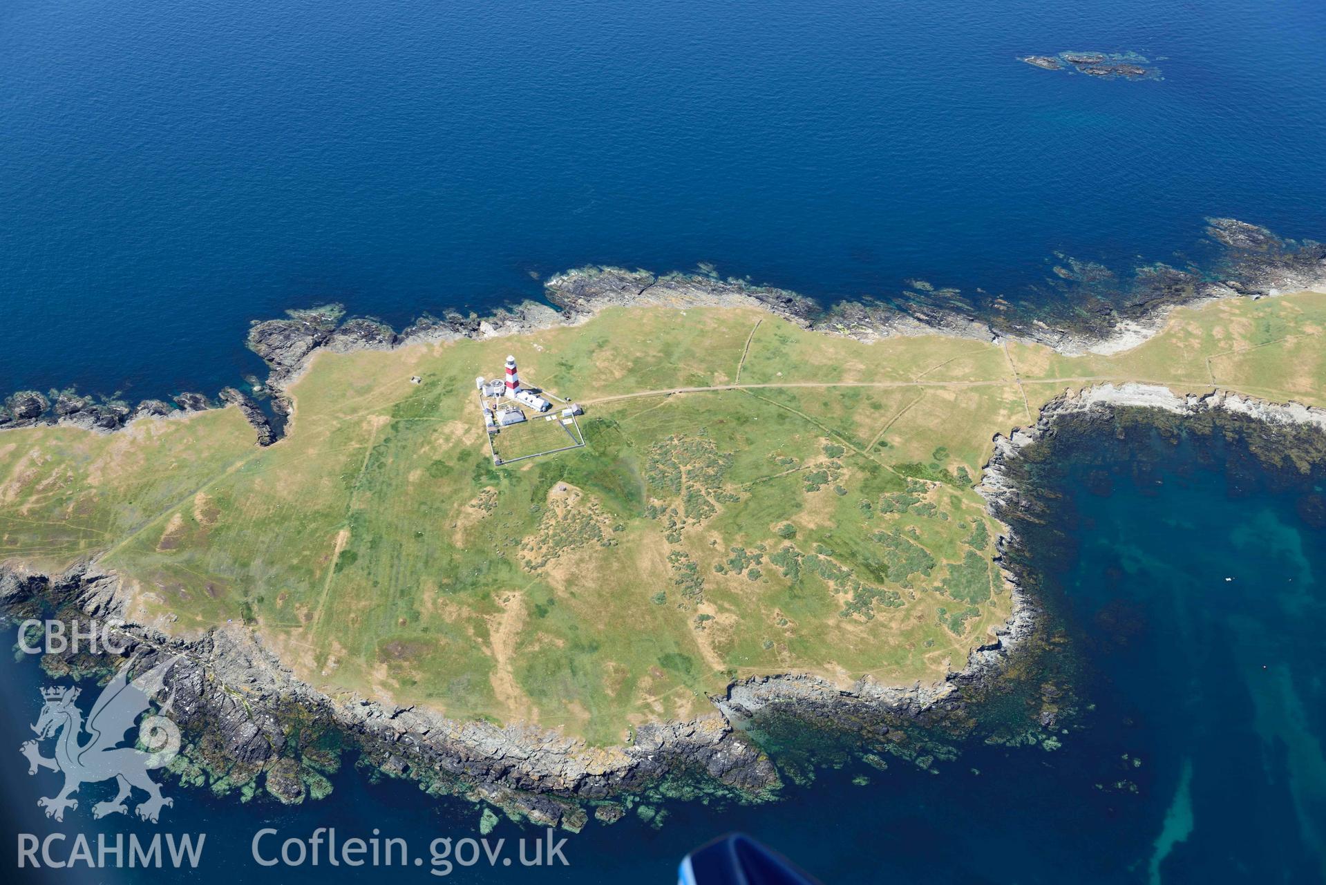 Aerial photograph: Ty Pellaf farm, Bardsey. View from east. Crown: CHERISH PROJECT 2018. Produced with EU funds through the Ireland Wales Co-operation Programme 2014-2020 (NGR SH119213)