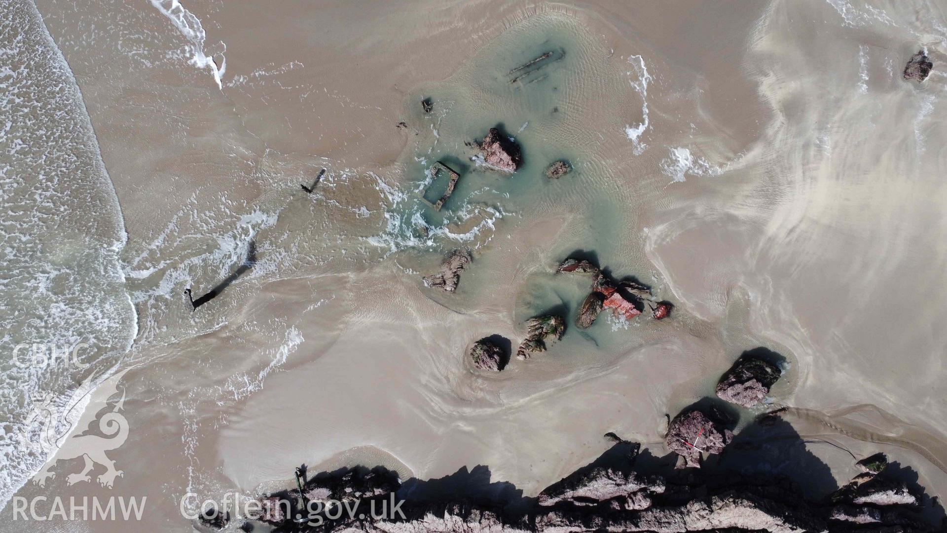 Overhead view of the wreck site of the ALBION on 22/03/2023. North is to the top-right.