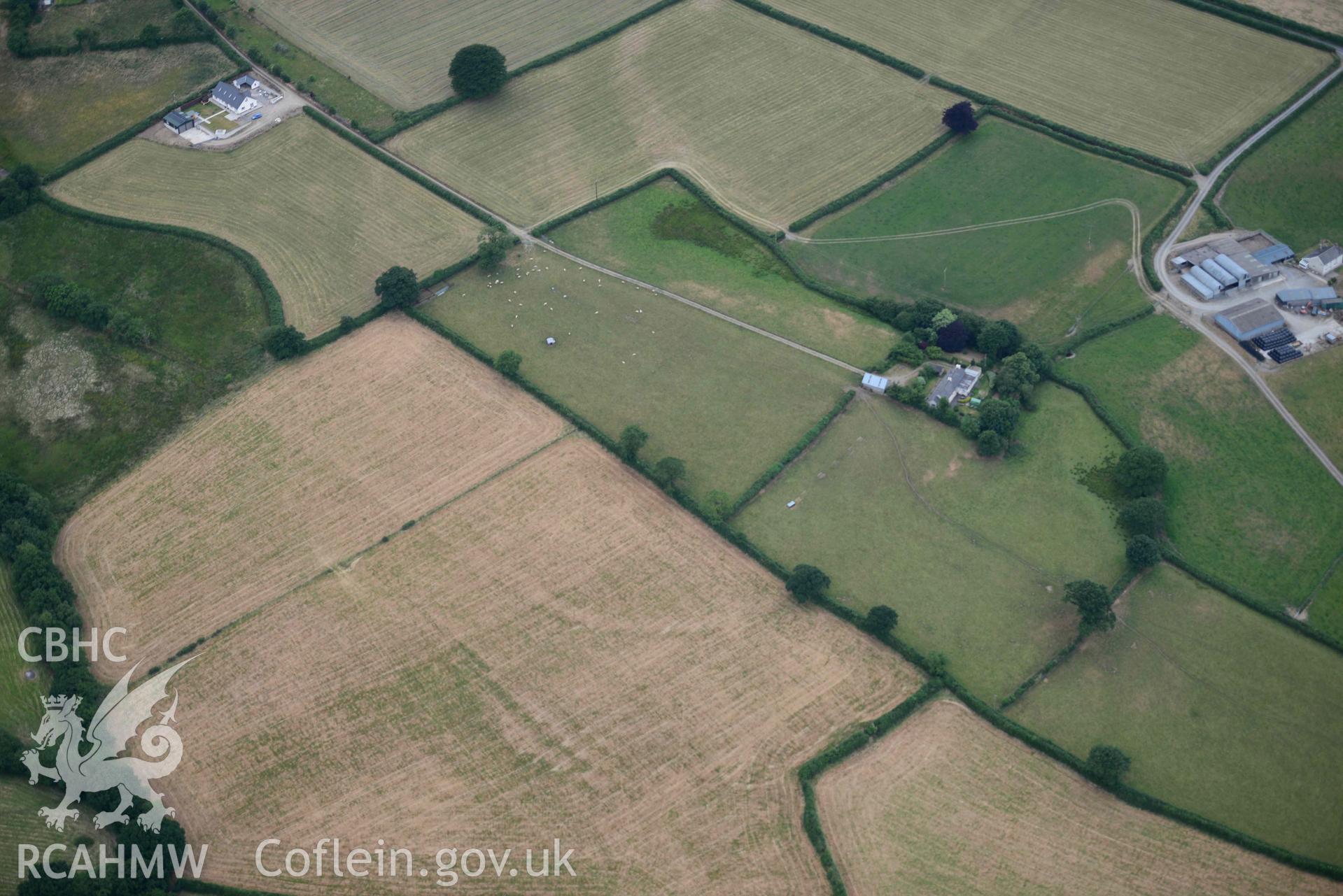 Aerial photograph: Glynrhiced-Fach or Glynricked, enclosure cropmarks. Crown: CHERISH PROJECT 2018. Produced with EU funds through the Ireland Wales Co-operation Programme 2014-2020 (NGR SN484401)