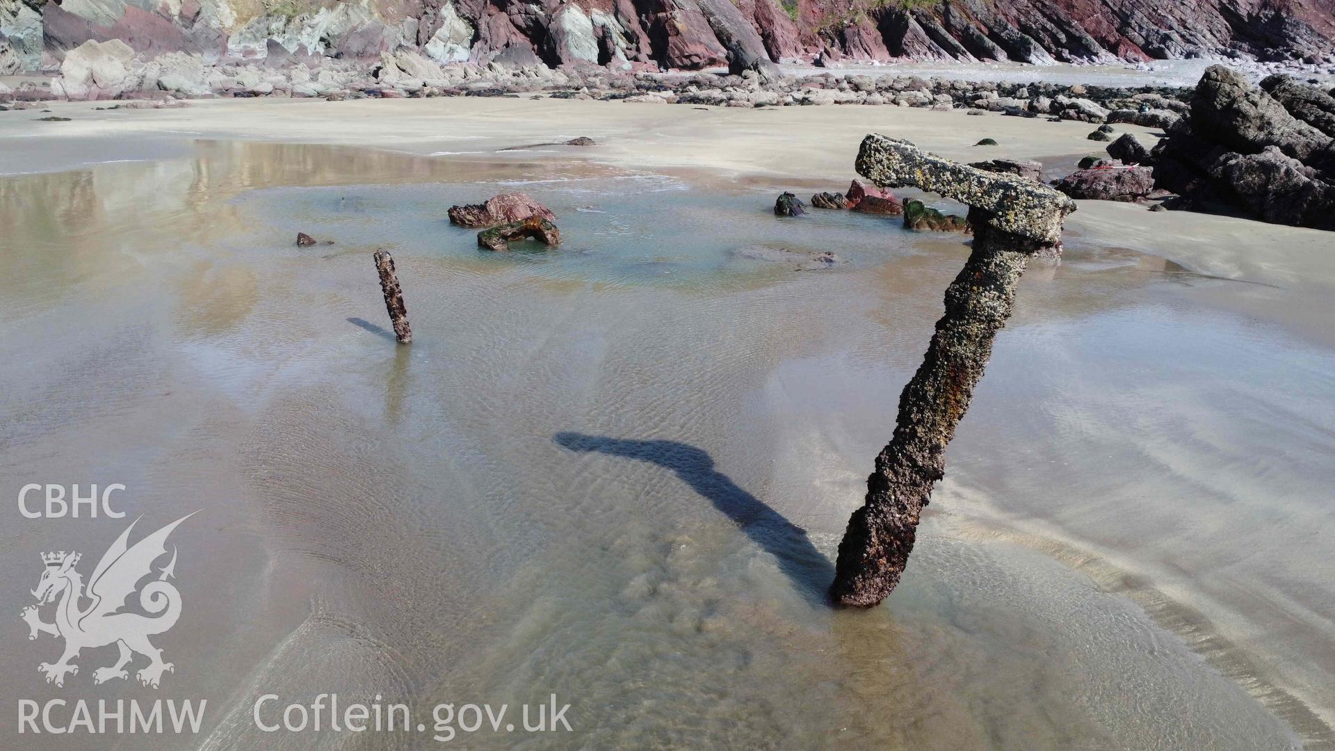 Oblique view of the crank-shaft on the wreck site of the ALBION, looking northeast, on 22/03/2023.