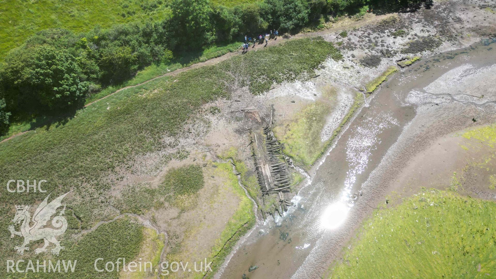 General oblique view of the Sandy Haven Pill wreck, looking south, on 20/06/2023.