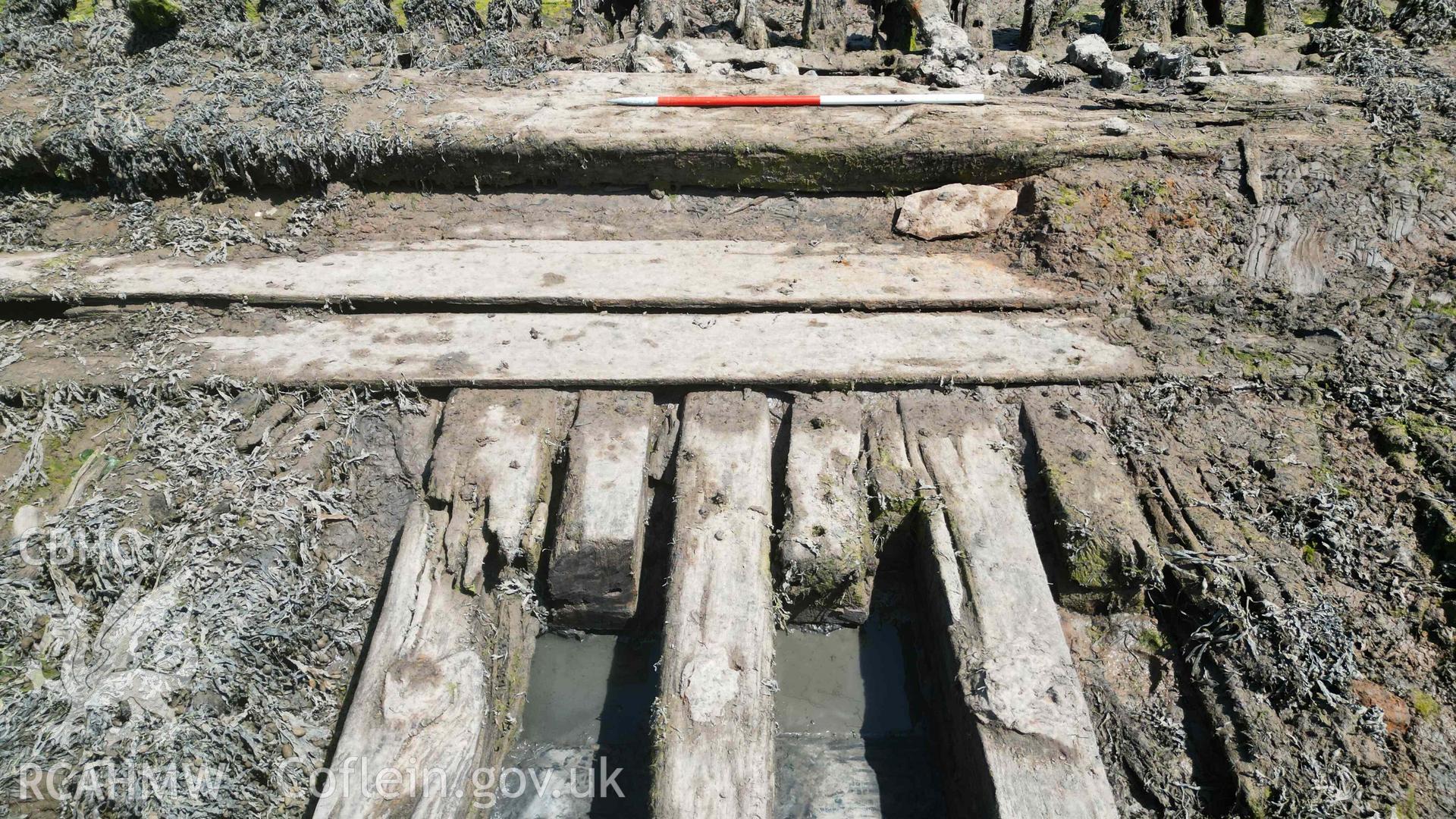 Detail of floor-timbers, futtocks (sawn-ends), ceiling planking, and stringer, within the Sandy Haven Pill wreck, on 20/06/2023. Scale is 1m.