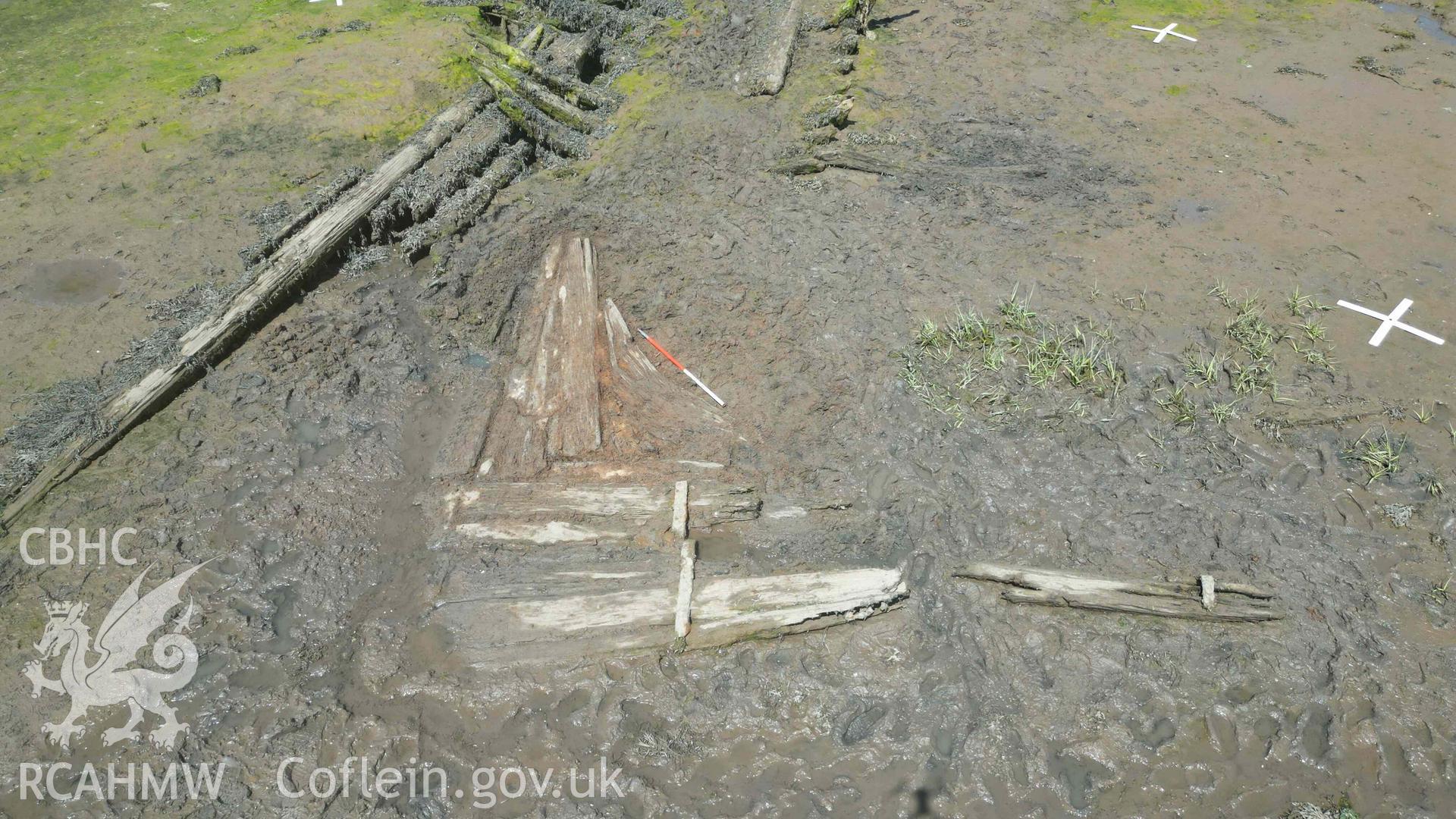 Oblique view of the rudder, stern-post and stern deadwood of the Sandy Haven Pill wreck on 20/06/2023. Scale is 1m.
