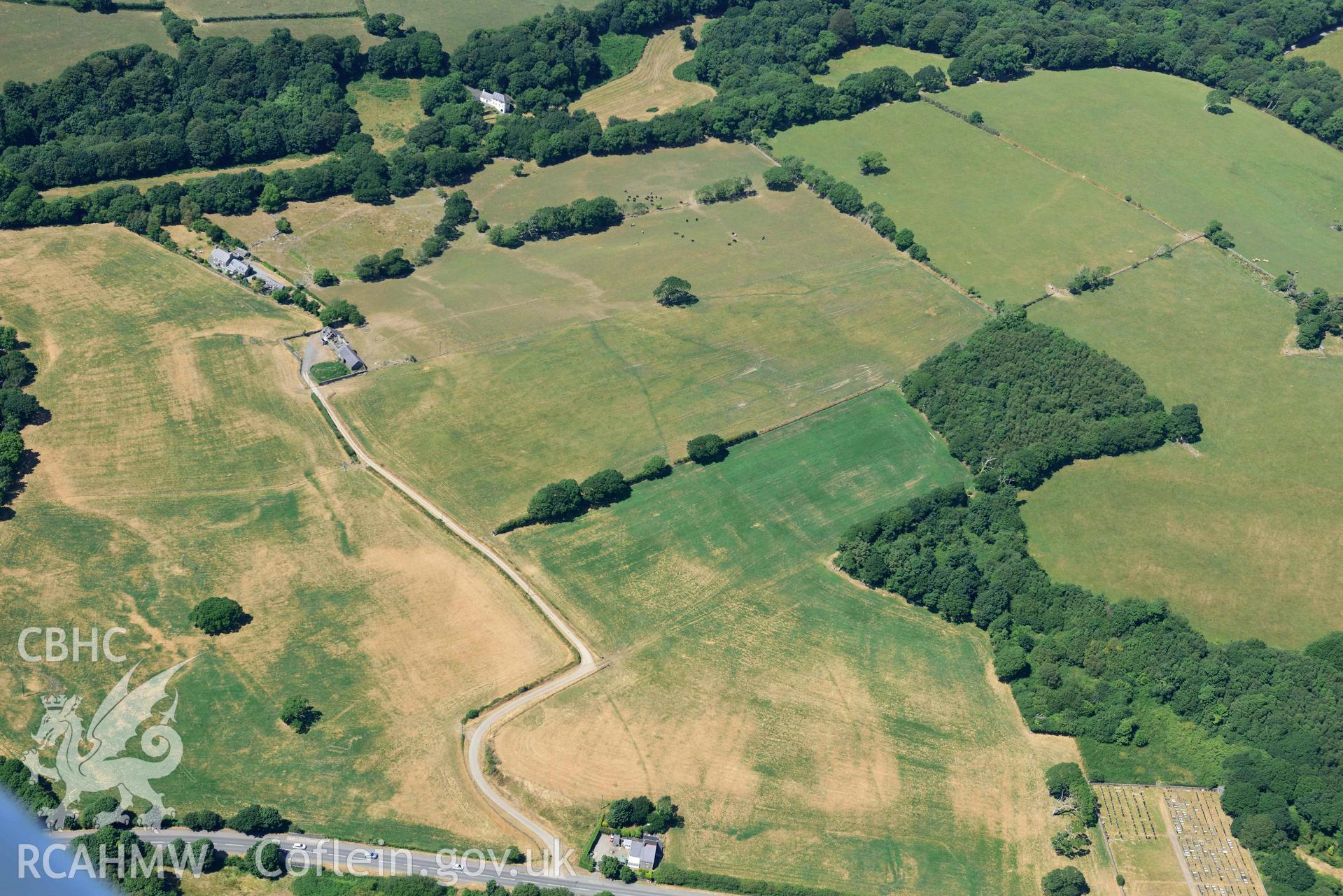 Aerial photograph: Bontfechan Chapel and sundry cropmarks. Crown: CHERISH PROJECT 2018. Produced with EU funds through the Ireland Wales Co-operation Programme 2014-2020 (NGR SH462380)