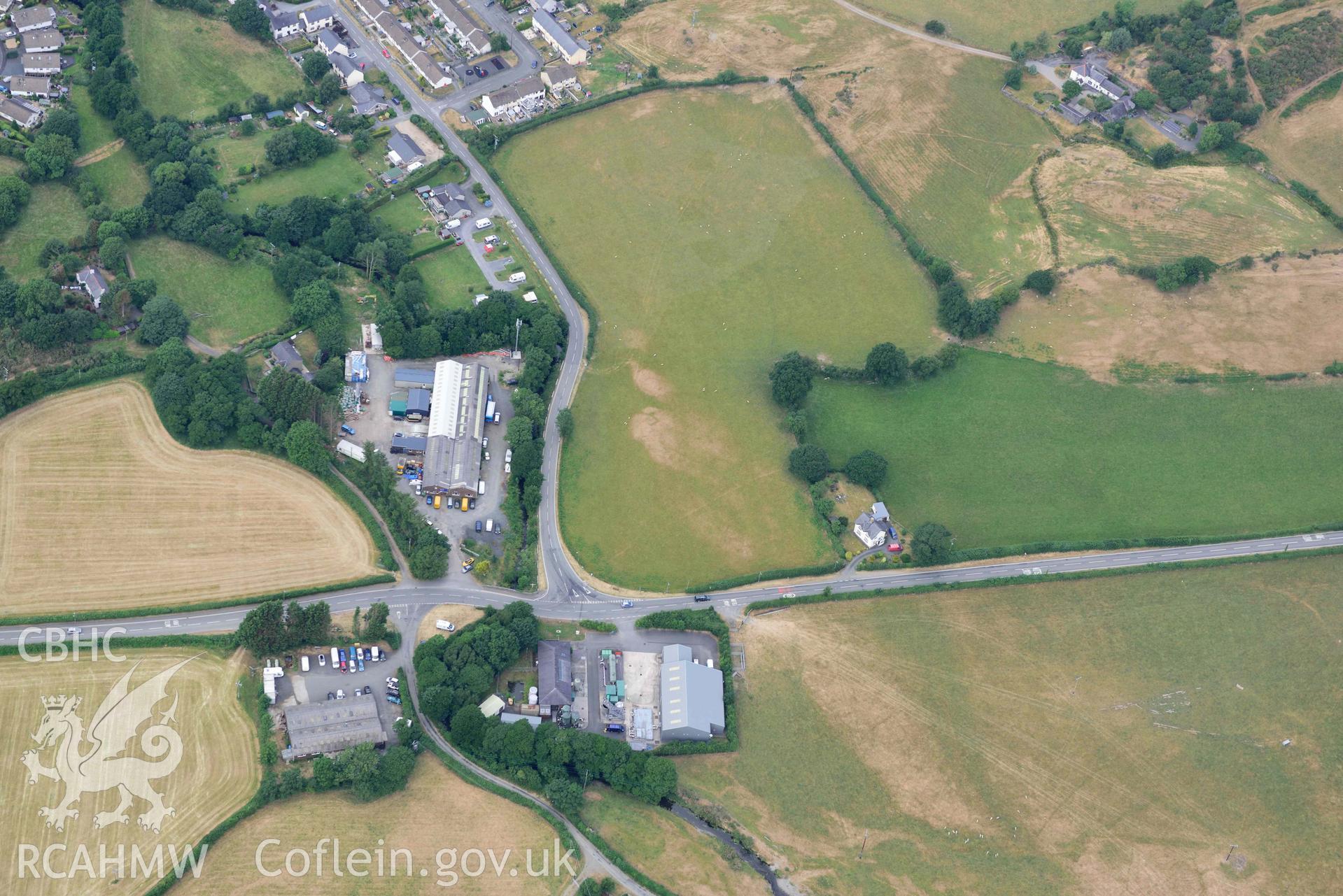 Aerial photograph: Bryncrug, Pont y Felindre, square barrow cemetery. Crown: CHERISH PROJECT 2018. Produced with EU funds through the Ireland Wales Co-operation Programme 2014-2020 (NGR SH613032)