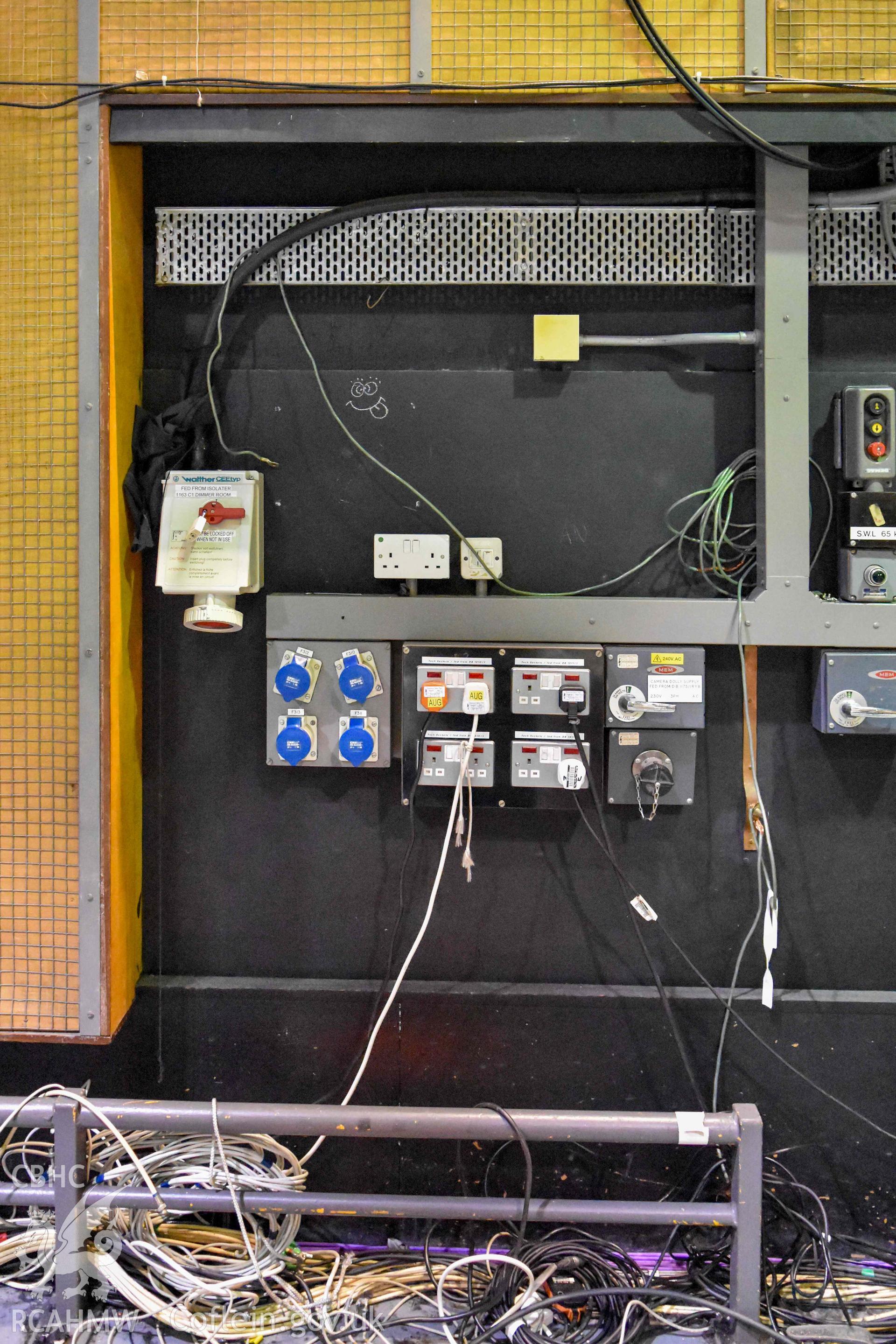 BBC Broadcasting House - Interior, Studio C1: View of switches and transmission lights on the wall of the studio, taken from North-West