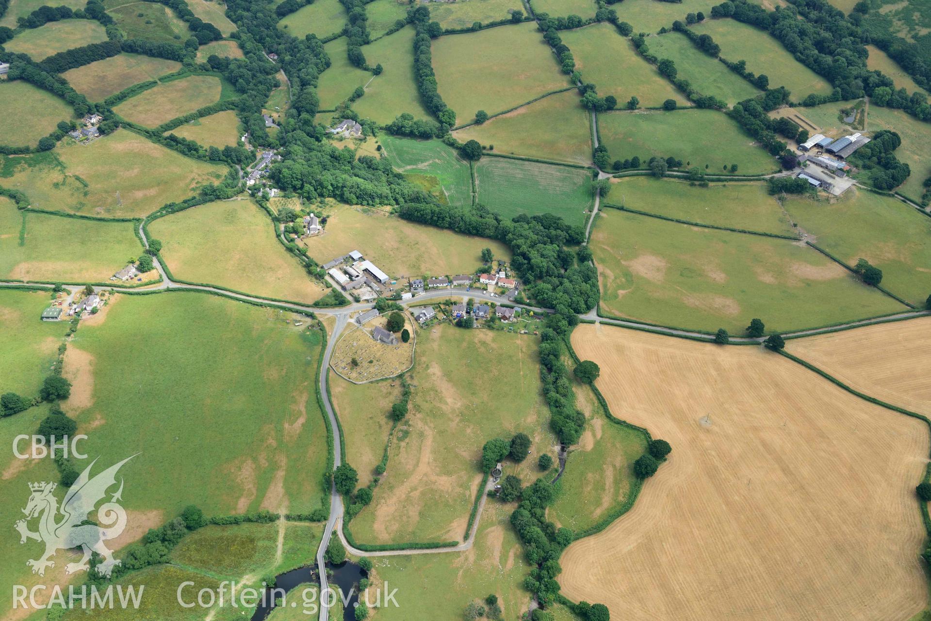 Aerial photograph: St Mary's Church, Llanfair Clydogau. Crown: CHERISH PROJECT 2018. Produced with EU funds through the Ireland Wales Co-operation Programme 2014-2020 (NGR SN624512)