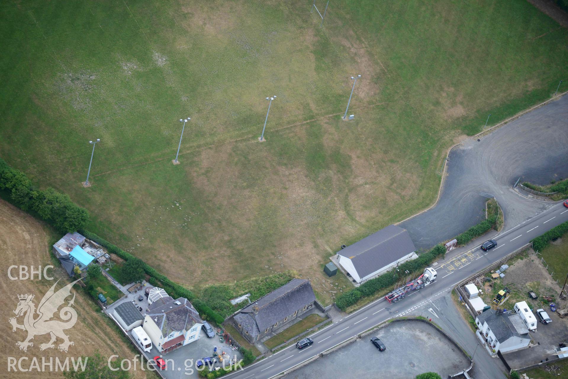 Aerial photograph: Cwmann, Lampeter Rugby Club ring ditch. Crown: CHERISH PROJECT 2018. Produced with EU funds through the Ireland Wales Co-operation Programme 2014-2020 (NGR SN577466)