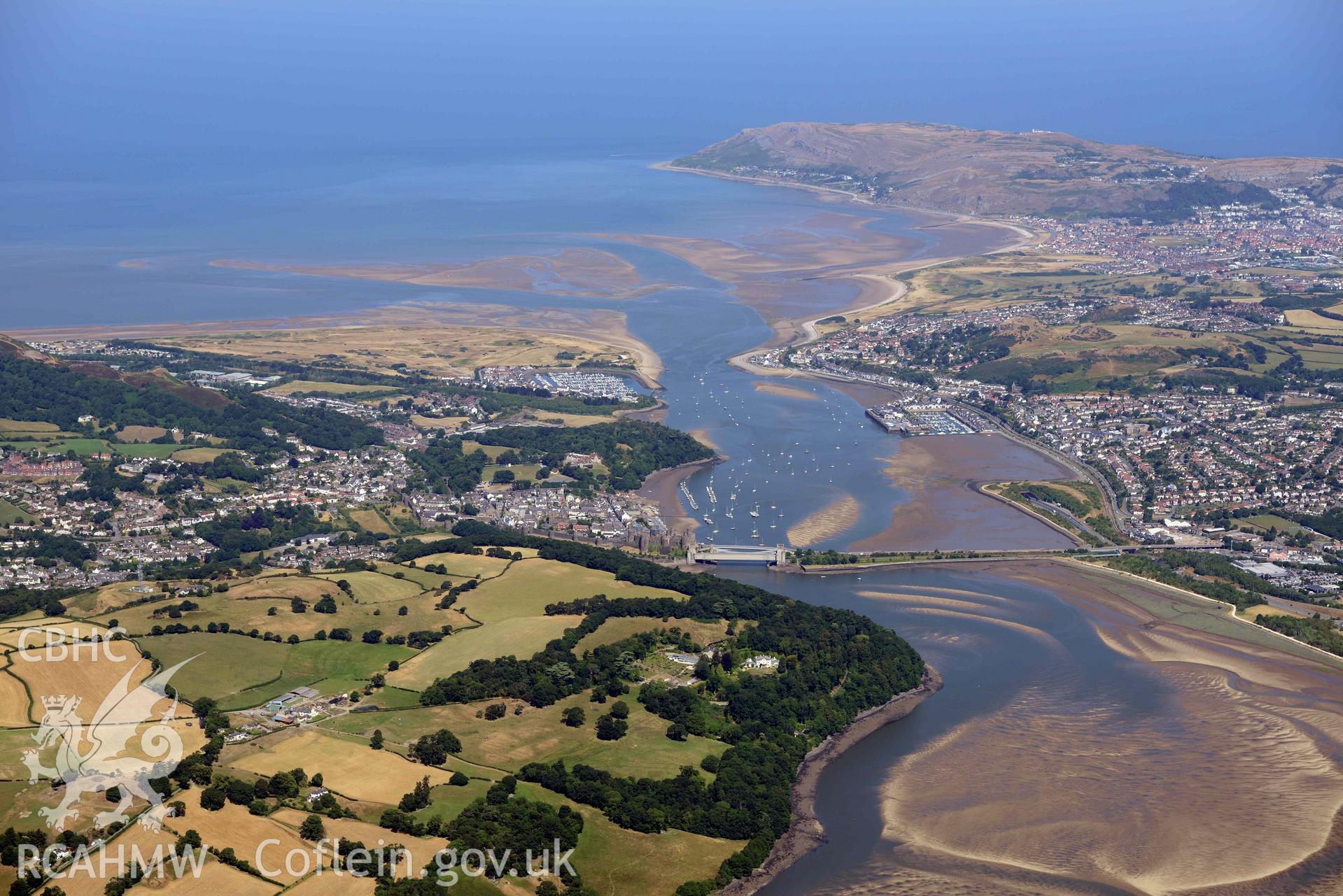 Aerial photograph: Conwy, summer landscape from south. Crown: CHERISH PROJECT 2018. Produced with EU funds through the Ireland Wales Co-operation Programme 2014-2020 (NGR: SH780775)