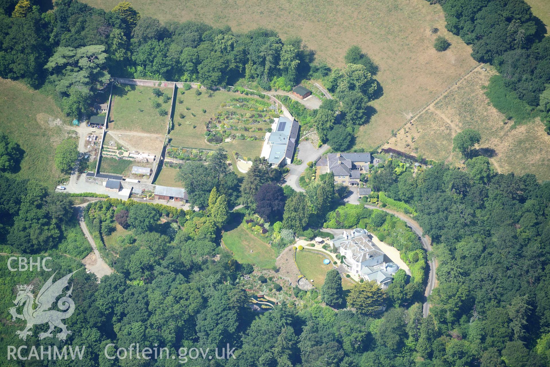 Aerial photograph: Benarth Hall Garden. Crown: CHERISH PROJECT 2018. Produced with EU funds through the Ireland Wales Co-operation Programme 2014-2020 (NGR: SH789767)