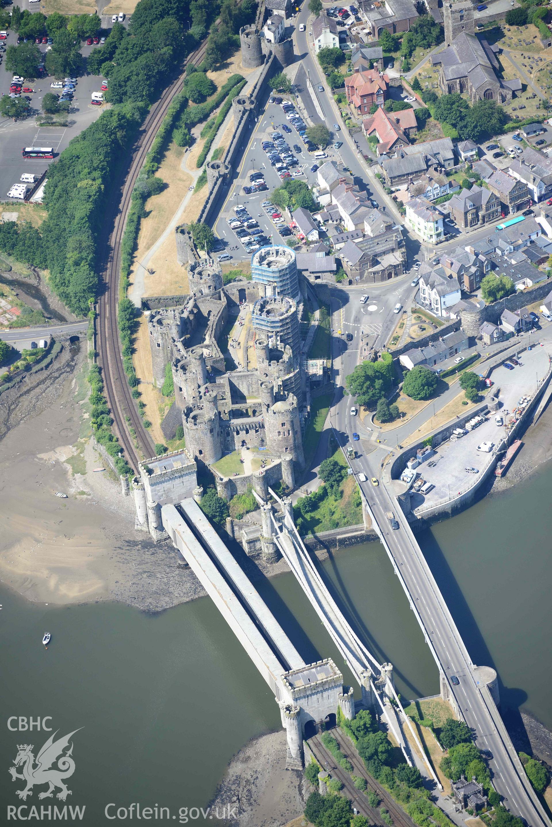 Aerial photograph: Conwy Castle. Crown: CHERISH PROJECT 2018. Produced with EU funds through the Ireland Wales Co-operation Programme 2014-2020 (NGR: SH783774)