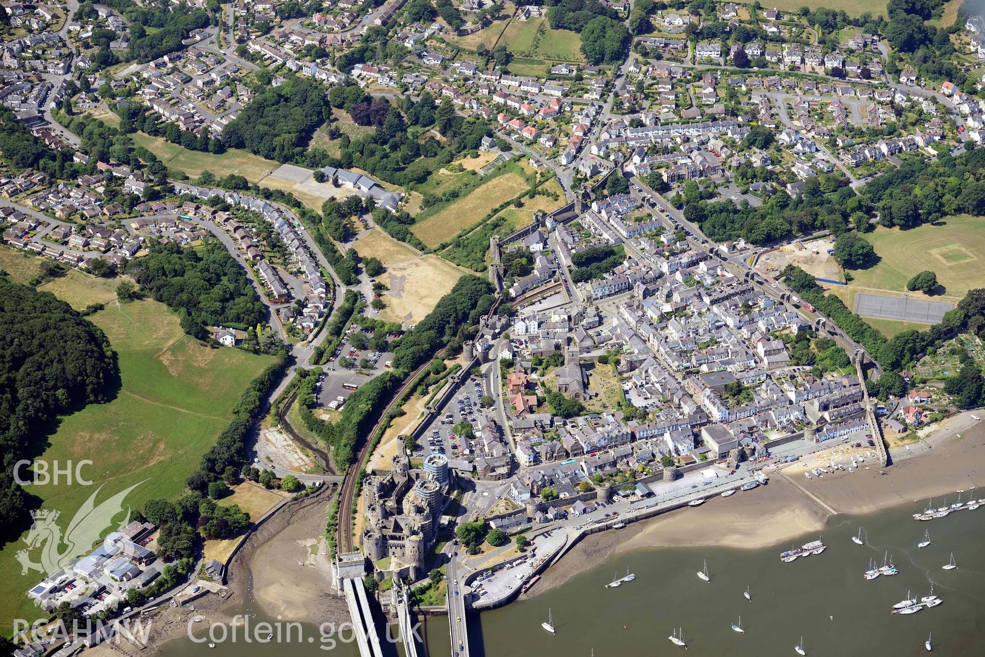 Aerial photograph: Conwy Castle and walled town. Crown: CHERISH PROJECT 2018. Produced with EU funds through the Ireland Wales Co-operation Programme 2014-2020 (NGR: SH781775)