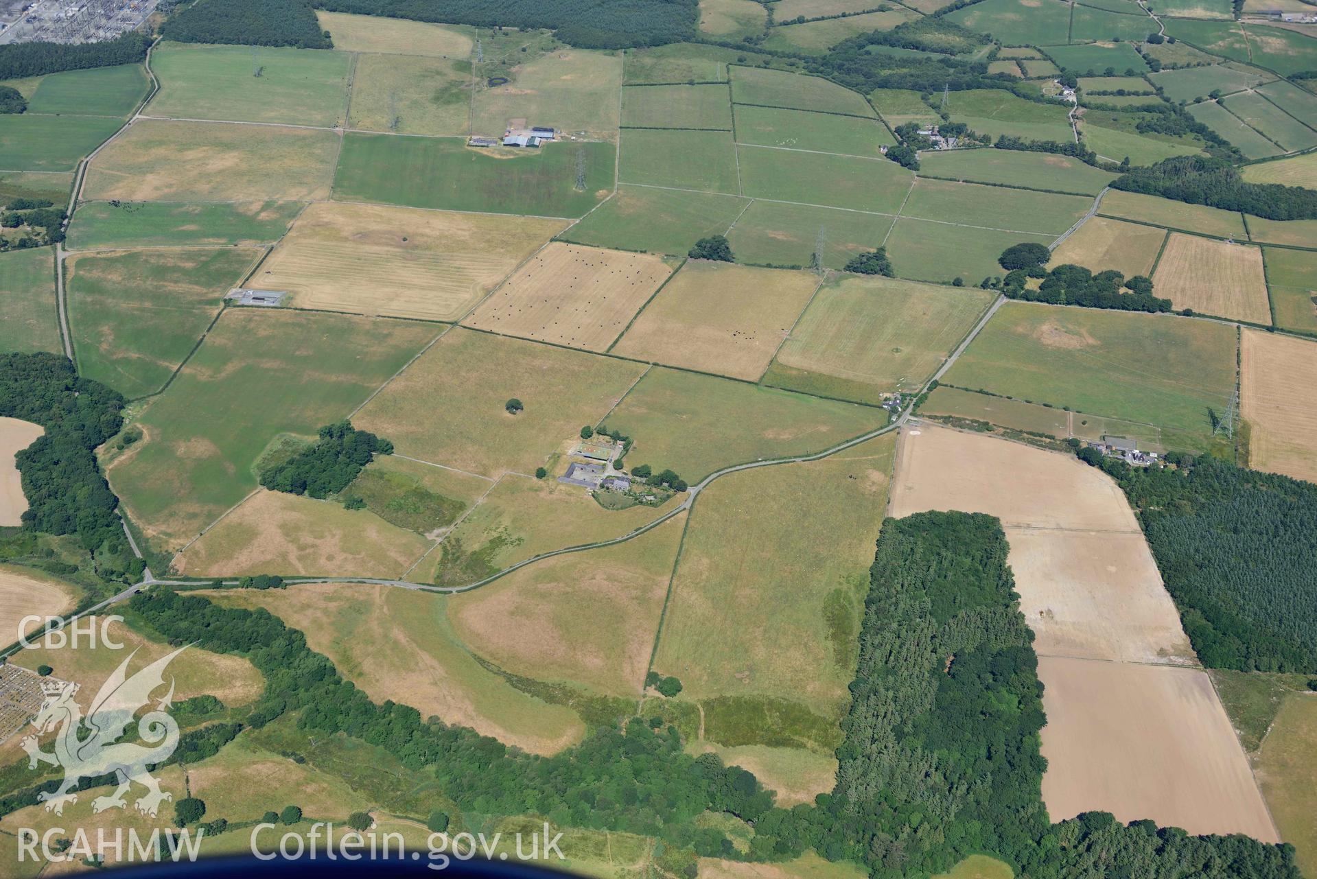 Aerial photograph: Roman road north of Ty'n-llyn, landscape north of Niwbwrch. Crown: CHERISH PROJECT 2018. Produced with EU funds through the Ireland Wales Co-operation Programme 2014-2020 (NGR: SH569678)