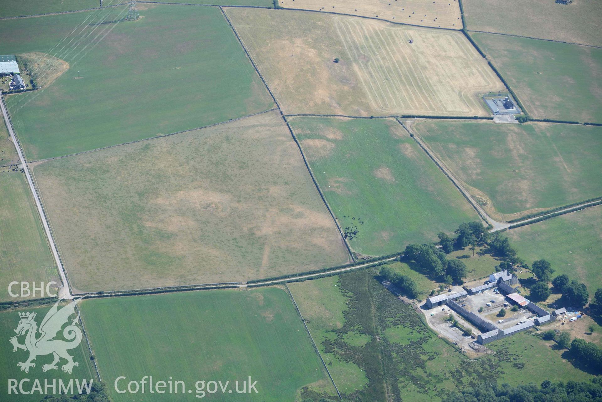 Aerial photograph: Roman road north of Ty'n-llyn. Crown: CHERISH PROJECT 2018. Produced with EU funds through the Ireland Wales Co-operation Programme 2014-2020 (NGR: SH565675)