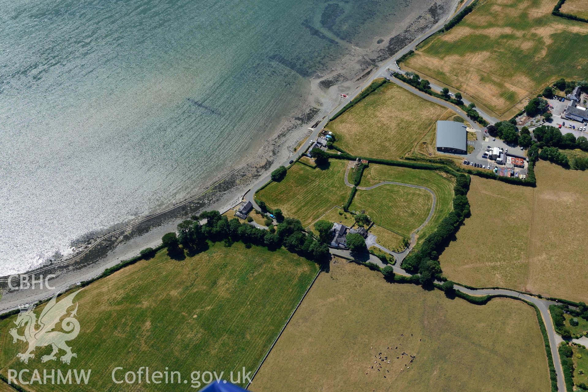 Aerial photograph: Tai Cochion Roman settlement, parchmarks, with Roman streets. Crown: CHERISH PROJECT 2018. Produced with EU funds through the Ireland Wales Co-operation Programme 2014-2020 (NGR: SH479656)
