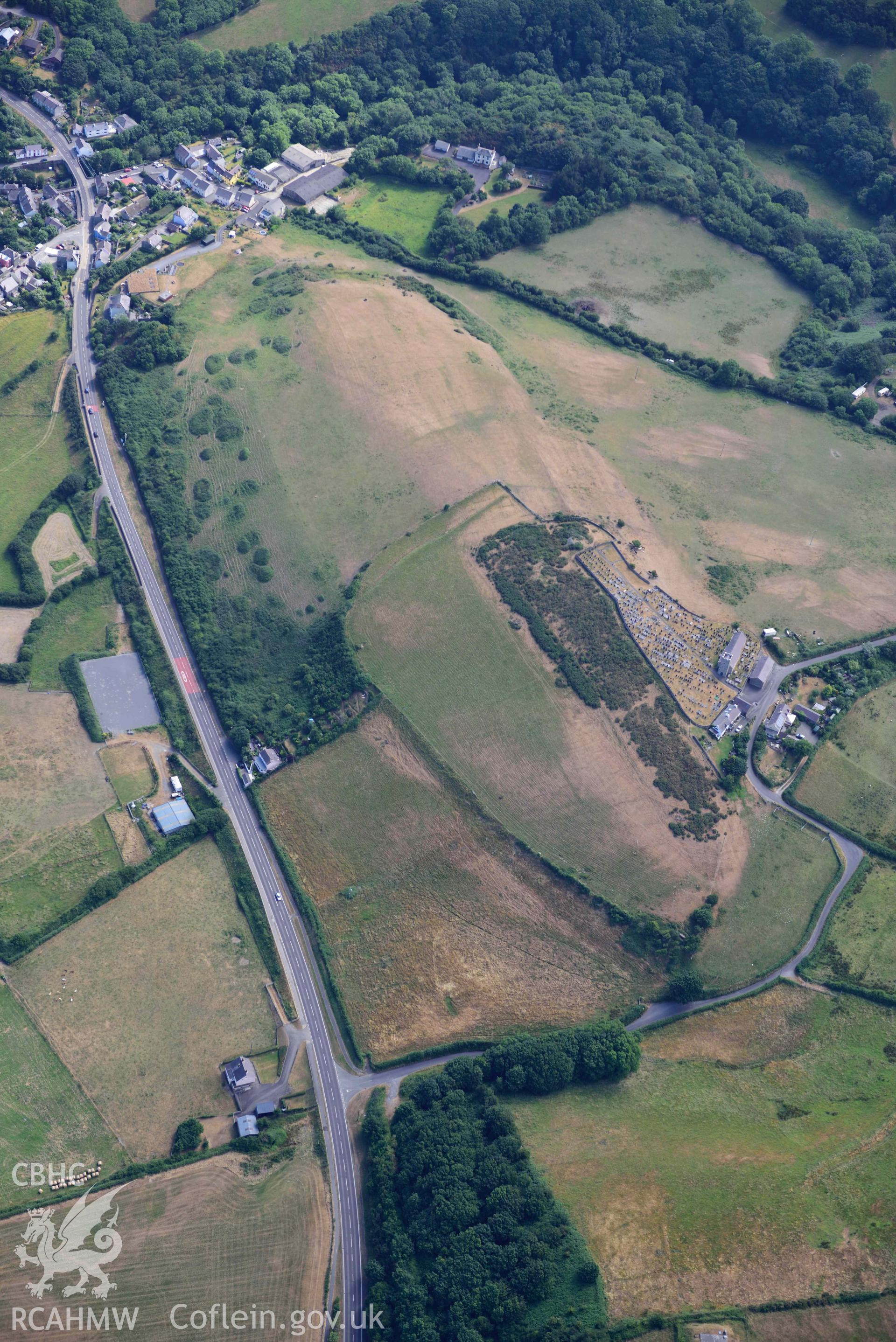 Aerial photograph: Hillfort, St David's Church, Aberarth. Crown: CHERISH PROJECT 2018. Produced with EU funds through the Ireland Wales Co-operation Programme 2014-2020 (NGR: SN476633)