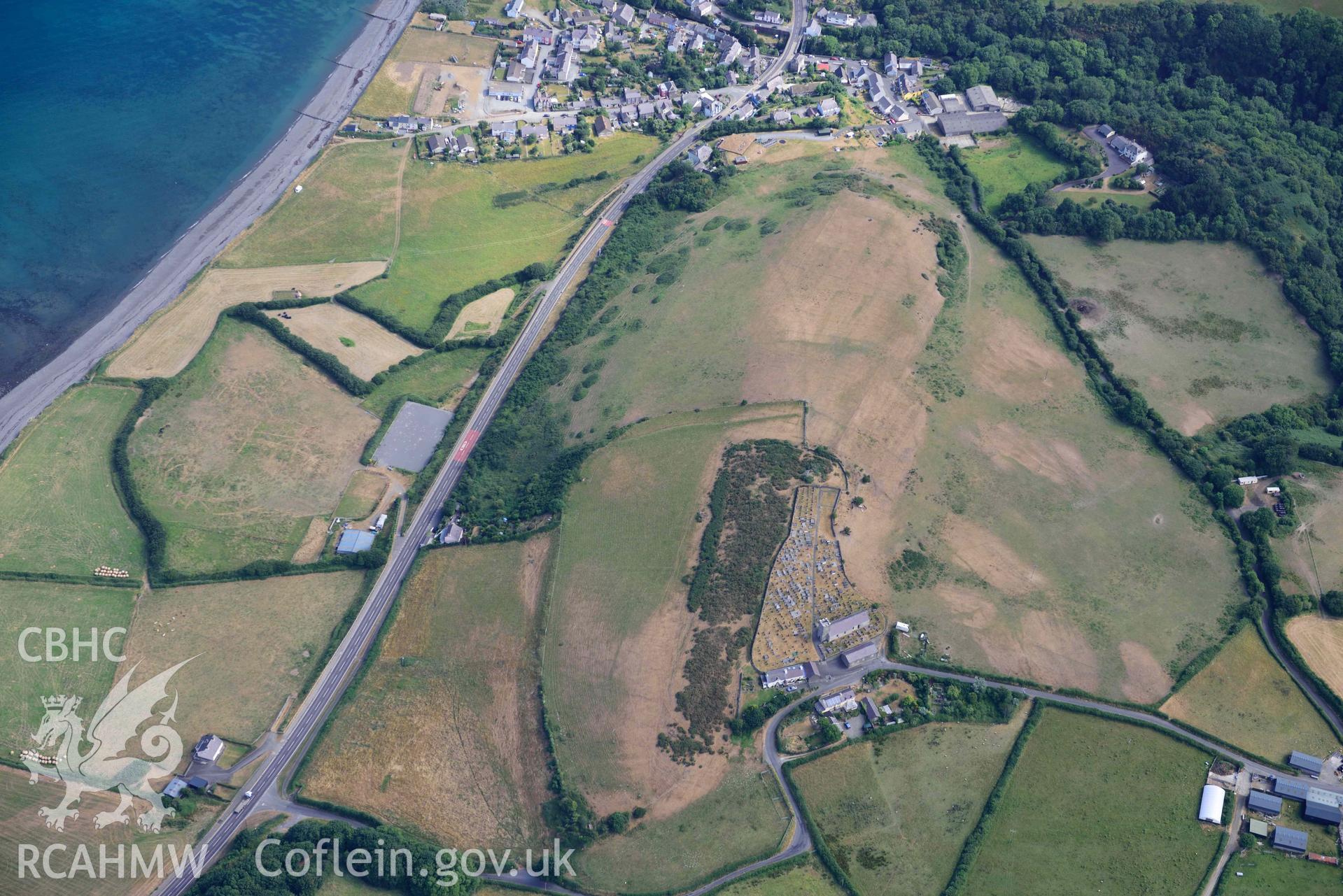 Aerial photograph: Hillfort, St David's Church, Aberarth. Crown: CHERISH PROJECT 2018. Produced with EU funds through the Ireland Wales Co-operation Programme 2014-2020 (NGR: SN476633)