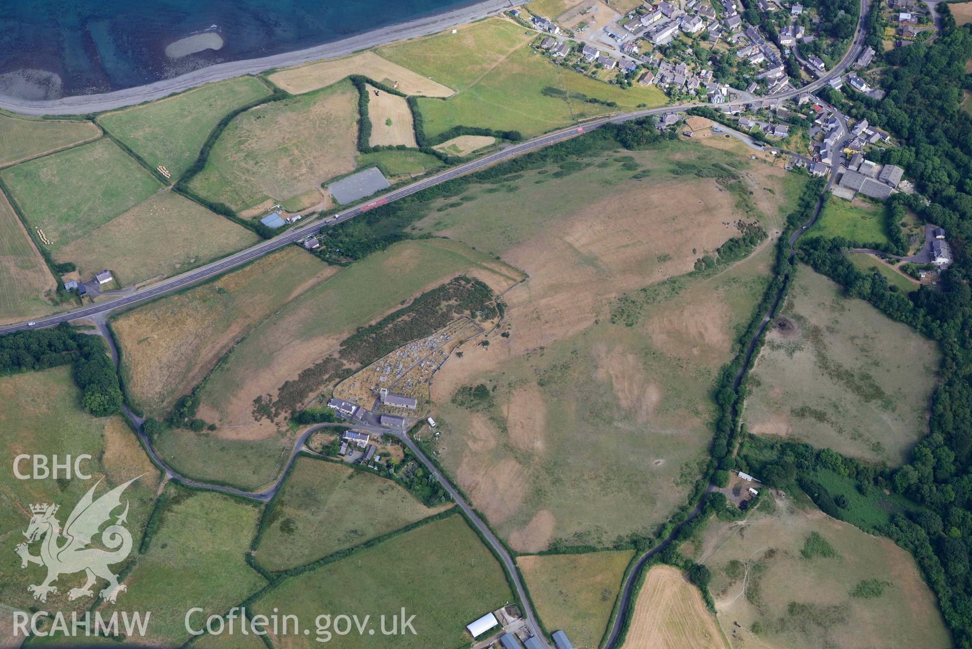 Aerial photograph: Hillfort, St David's Church, Aberarth. Crown: CHERISH PROJECT 2018. Produced with EU funds through the Ireland Wales Co-operation Programme 2014-2020 (NGR: SN476633)