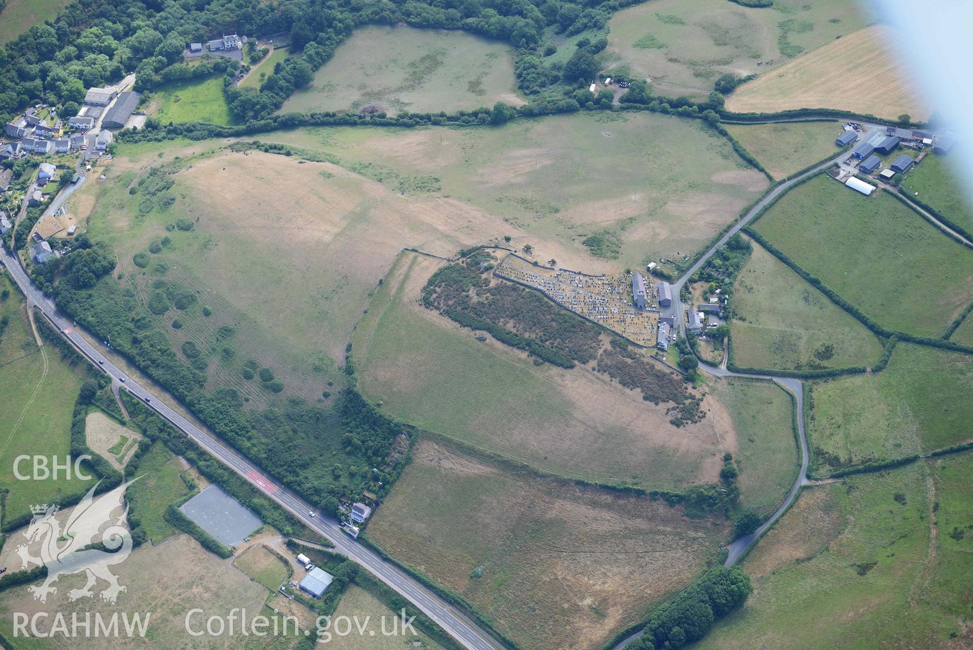 Aerial photograph: Hillfort, St David's Church, Aberarth. Crown: CHERISH PROJECT 2018. Produced with EU funds through the Ireland Wales Co-operation Programme 2014-2020 (NGR: SN476633)