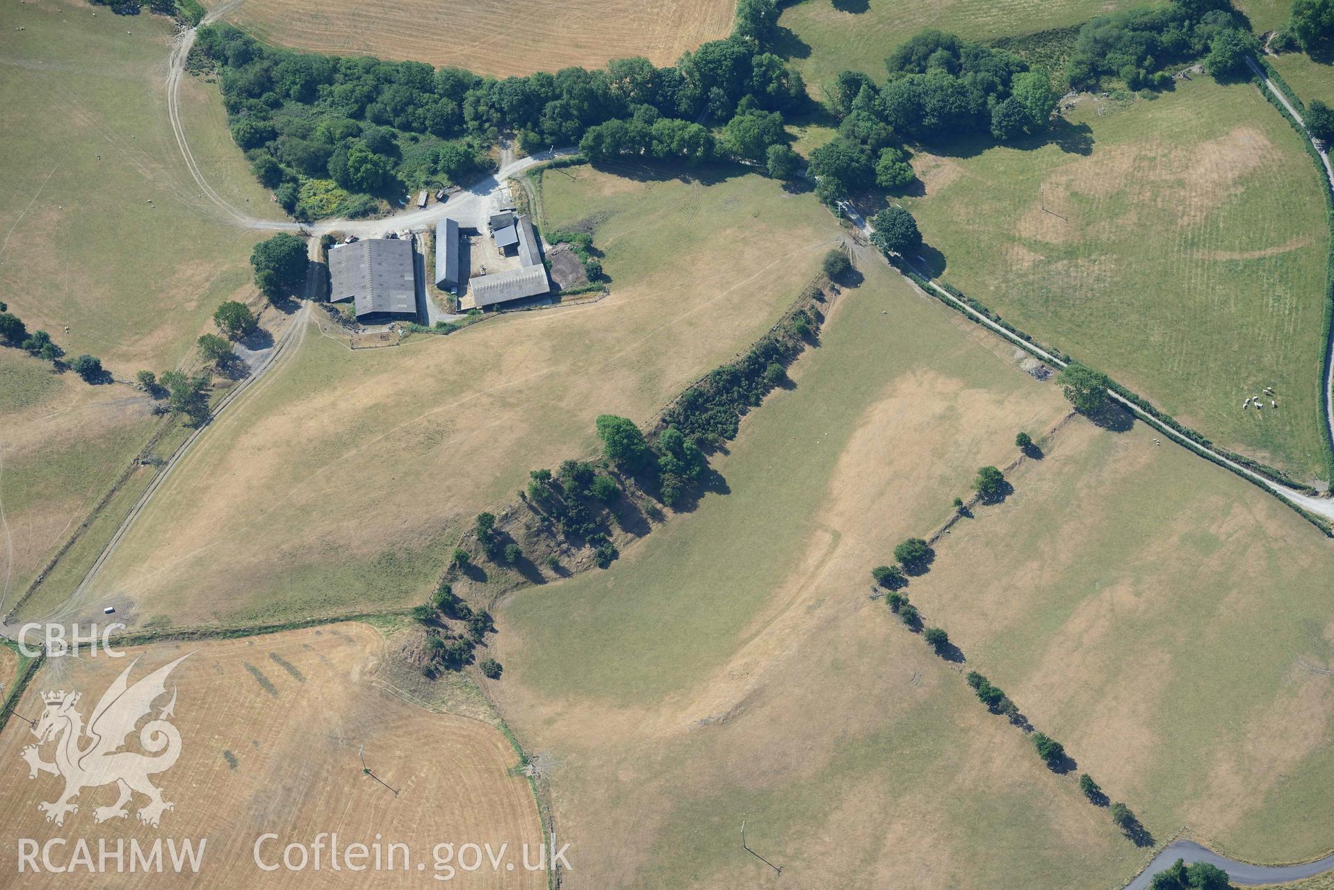 Aerial photograph: Cynnull-Mawr defended enclosure. Crown: CHERISH PROJECT 2018. Produced with EU funds through the Ireland Wales Co-operation Programme 2014-2020 (NGR: SN653875)