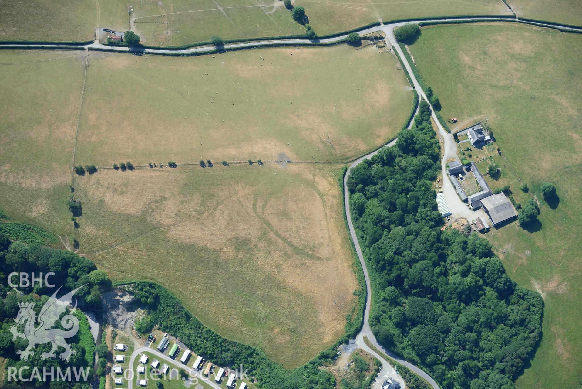 Aerial photograph: Glan Fred defended enclosure. Crown: CHERISH PROJECT 2018. Produced with EU funds through the Ireland Wales Co-operation Programme 2014-2020 (NGR: SN634878)