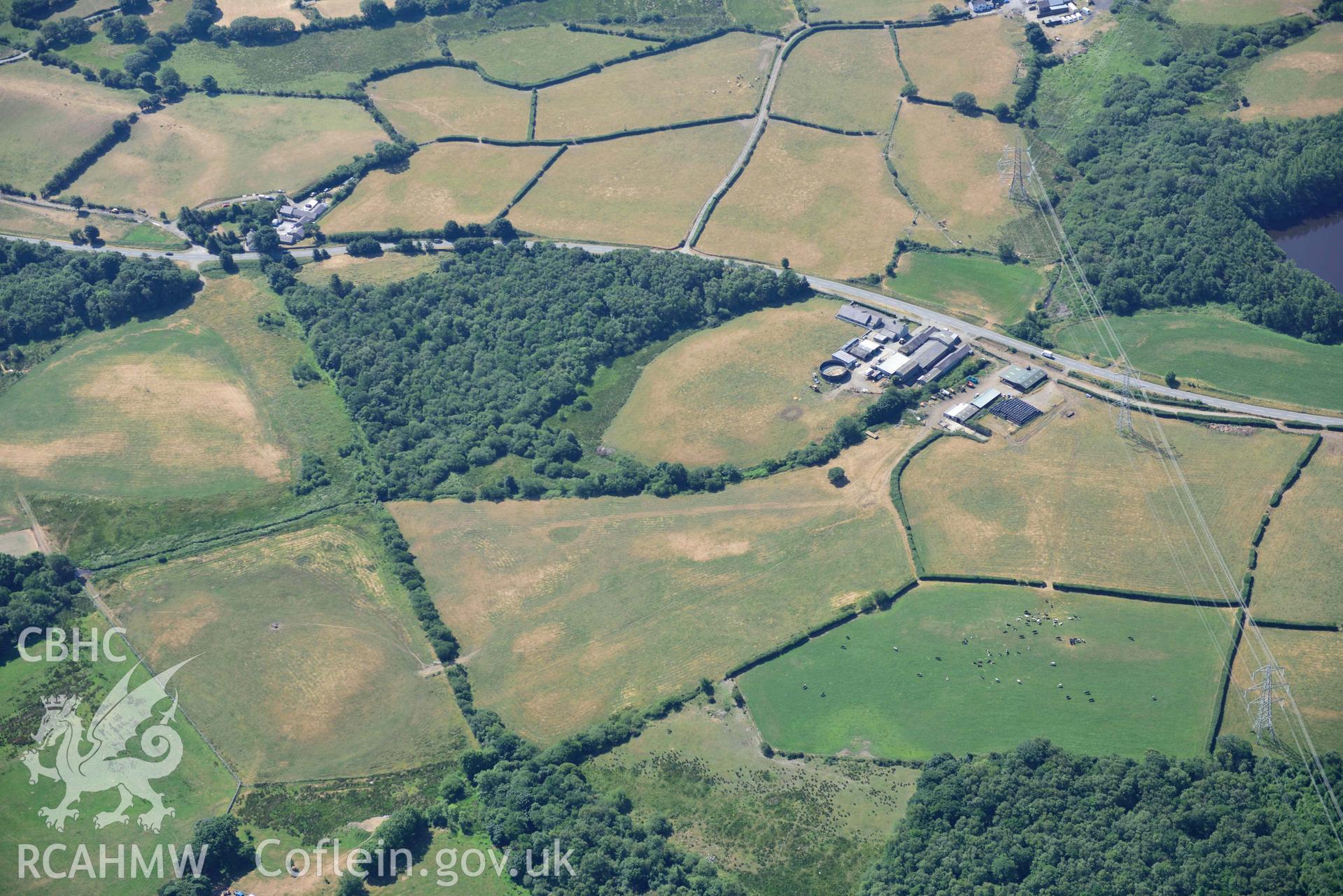Aerial photograph: Roman road north of Ty'n-llyn, and parchmark of Romna road line. Crown: CHERISH PROJECT 2018. Produced with EU funds through the Ireland Wales Co-operation Programme 2014-2020 (NGR: SH565675)