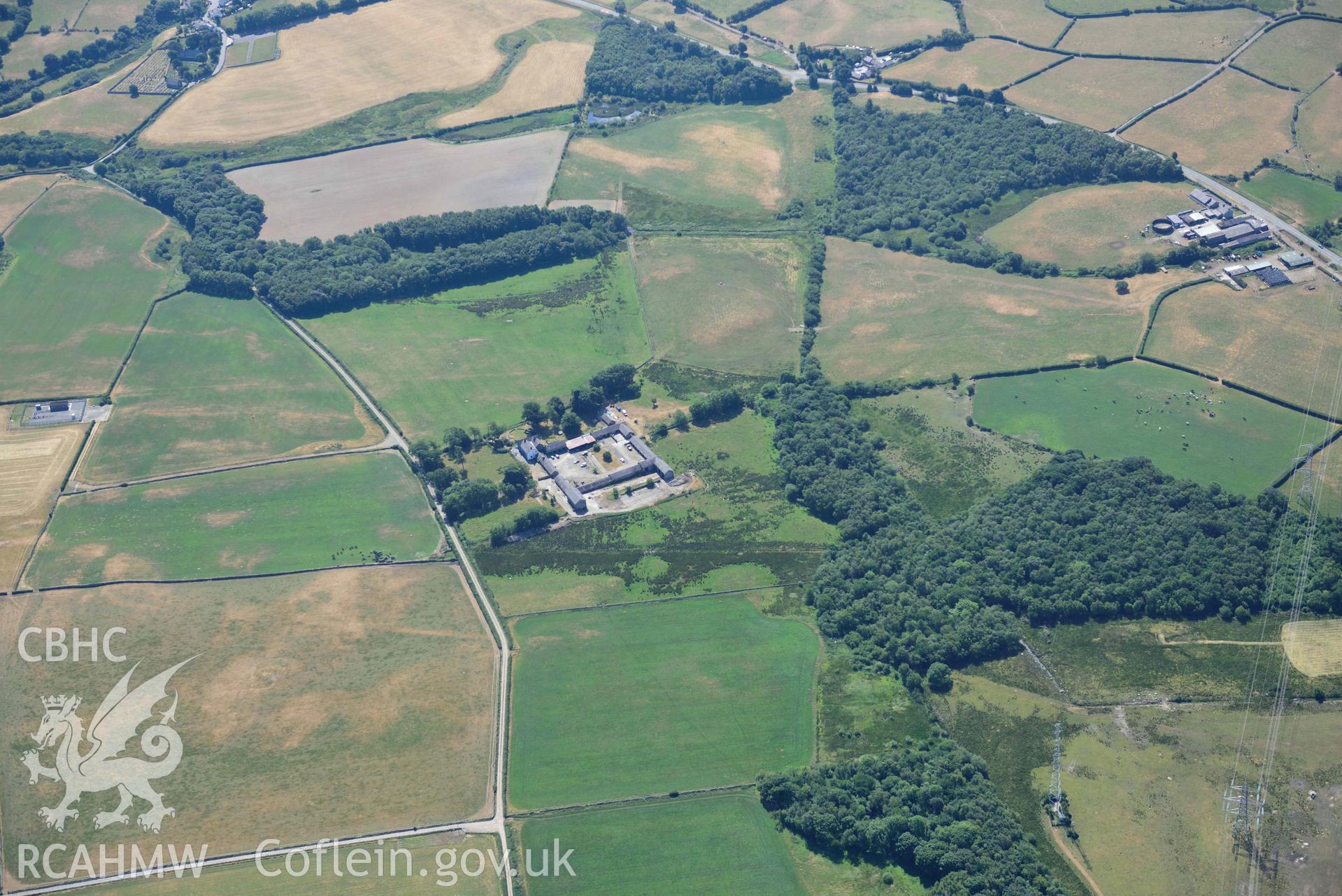 Aerial photograph: Roman road north of Ty'n-llyn, and parchmark of Roman road line in background. Crown: CHERISH PROJECT 2018. Produced with EU funds through the Ireland Wales Co-operation Programme 2014-2020 (NGR: SH565675)