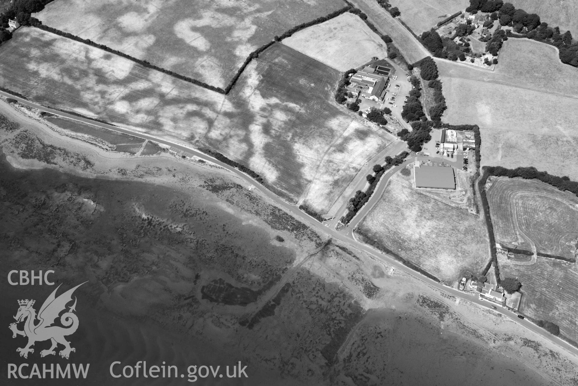 Aerial photograph: Tai Cochion Roman settlement, parchmarks. Crown: CHERISH PROJECT 2018. Produced with EU funds through the Ireland Wales Co-operation Programme 2014-2020 (NGR: SH479656)