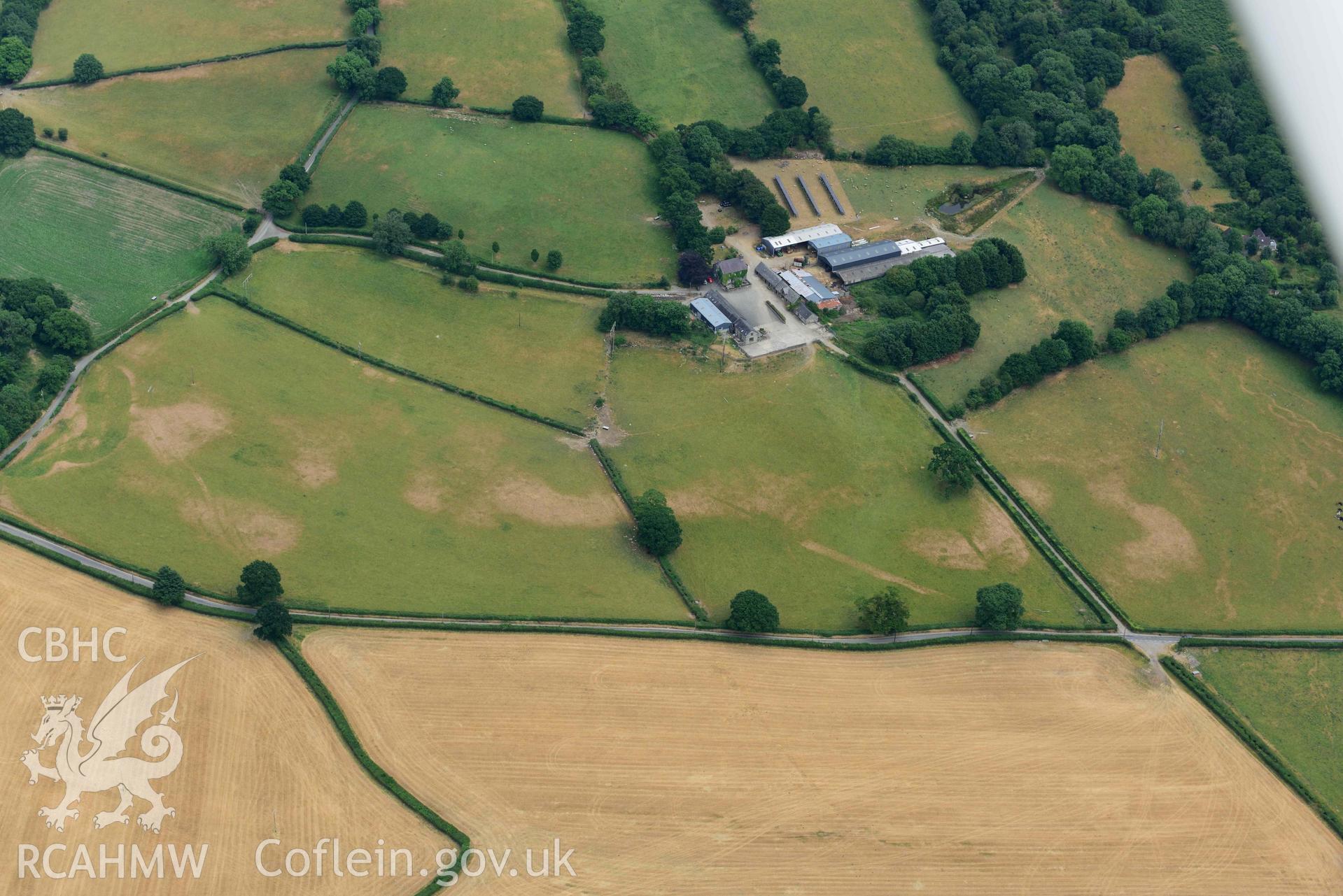 Aerial photograph: Pentre Roman road parchmarks. Crown: CHERISH PROJECT 2018. Produced with EU funds through the Ireland Wales Co-operation Programme 2014-2020 (NGR SN622507)